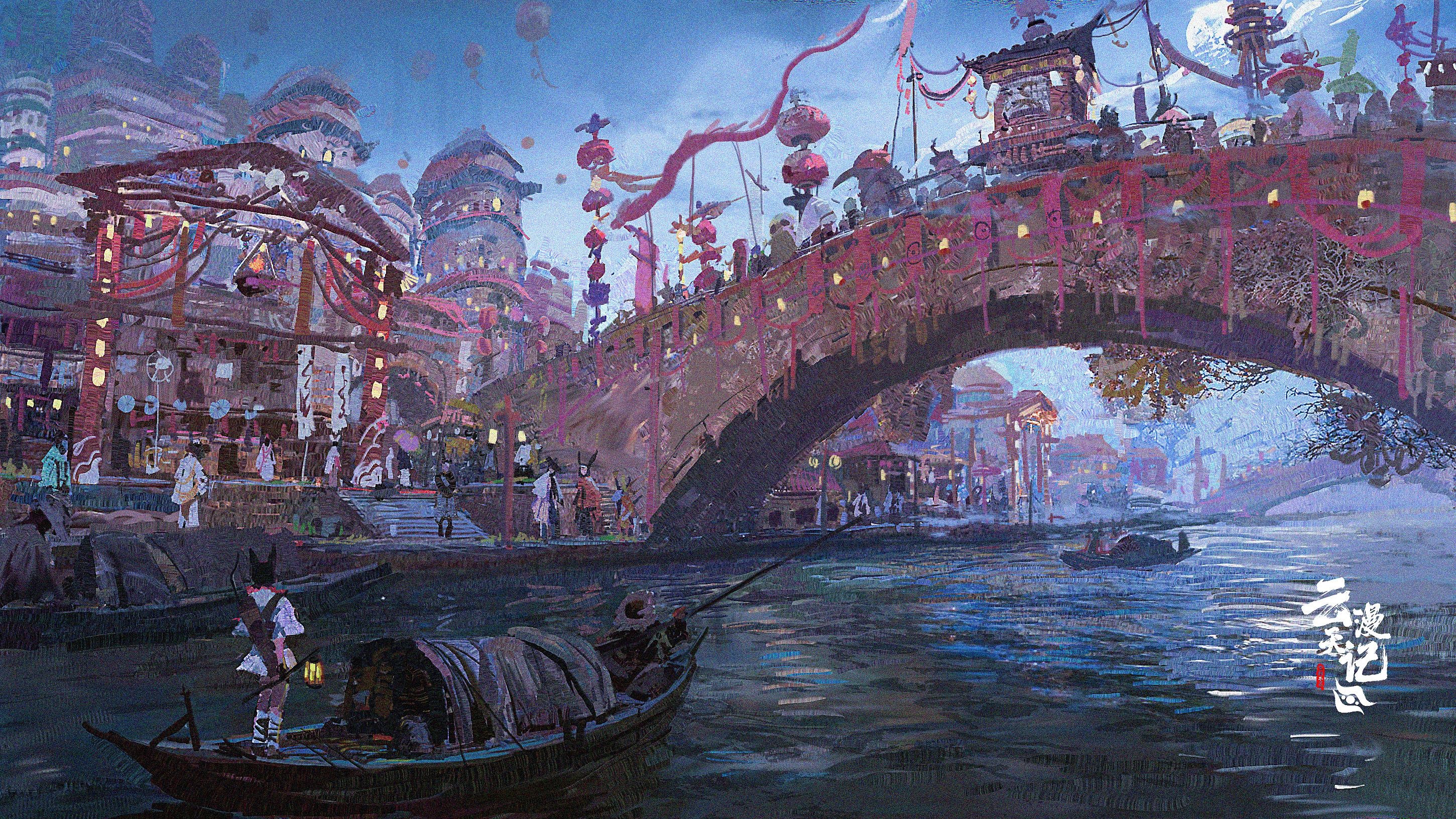 Fantasy bridge with boats and lanterns HD Wallpaper