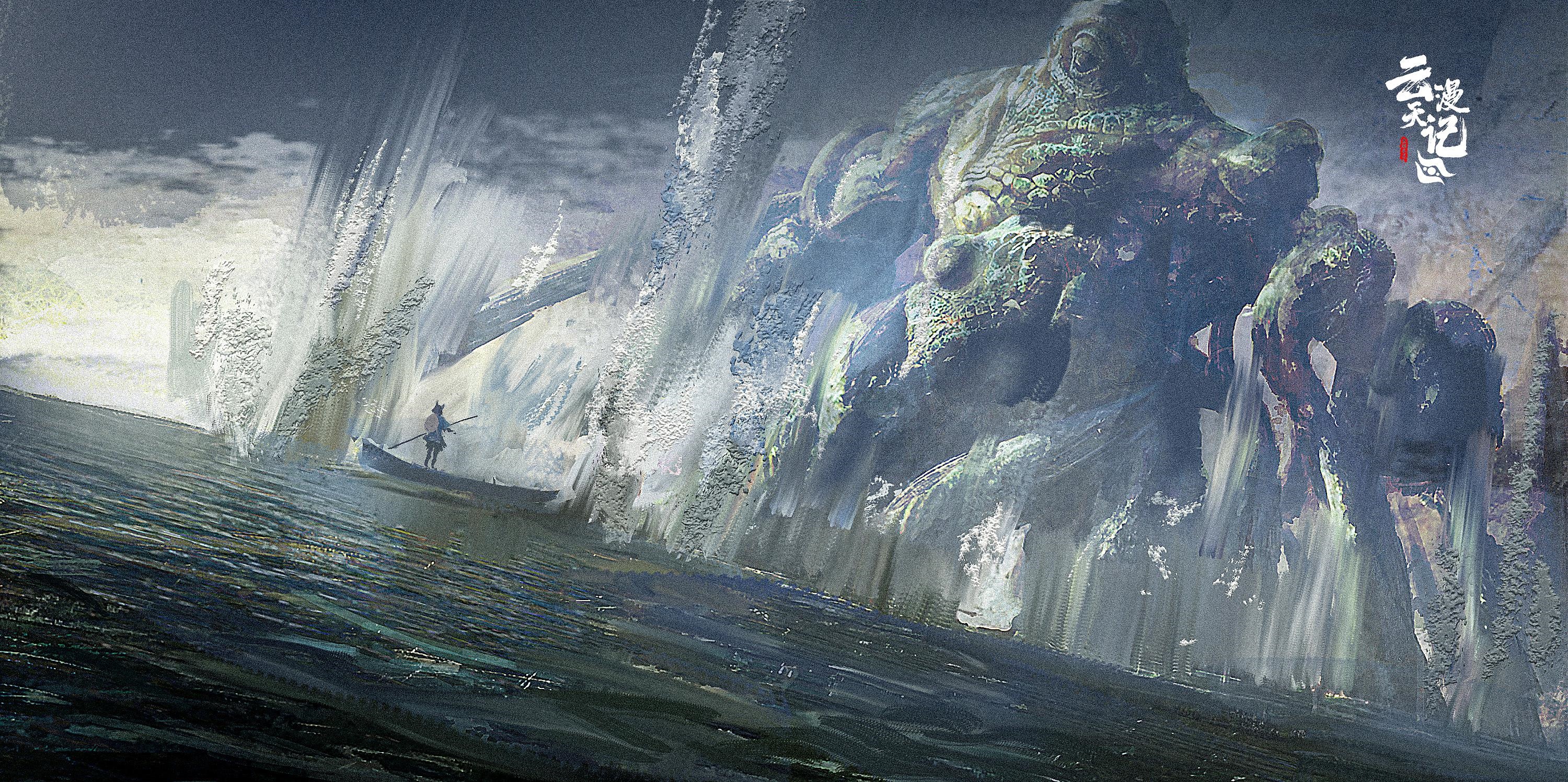 Giant creature emerging from water near a boat HD Wallpaper