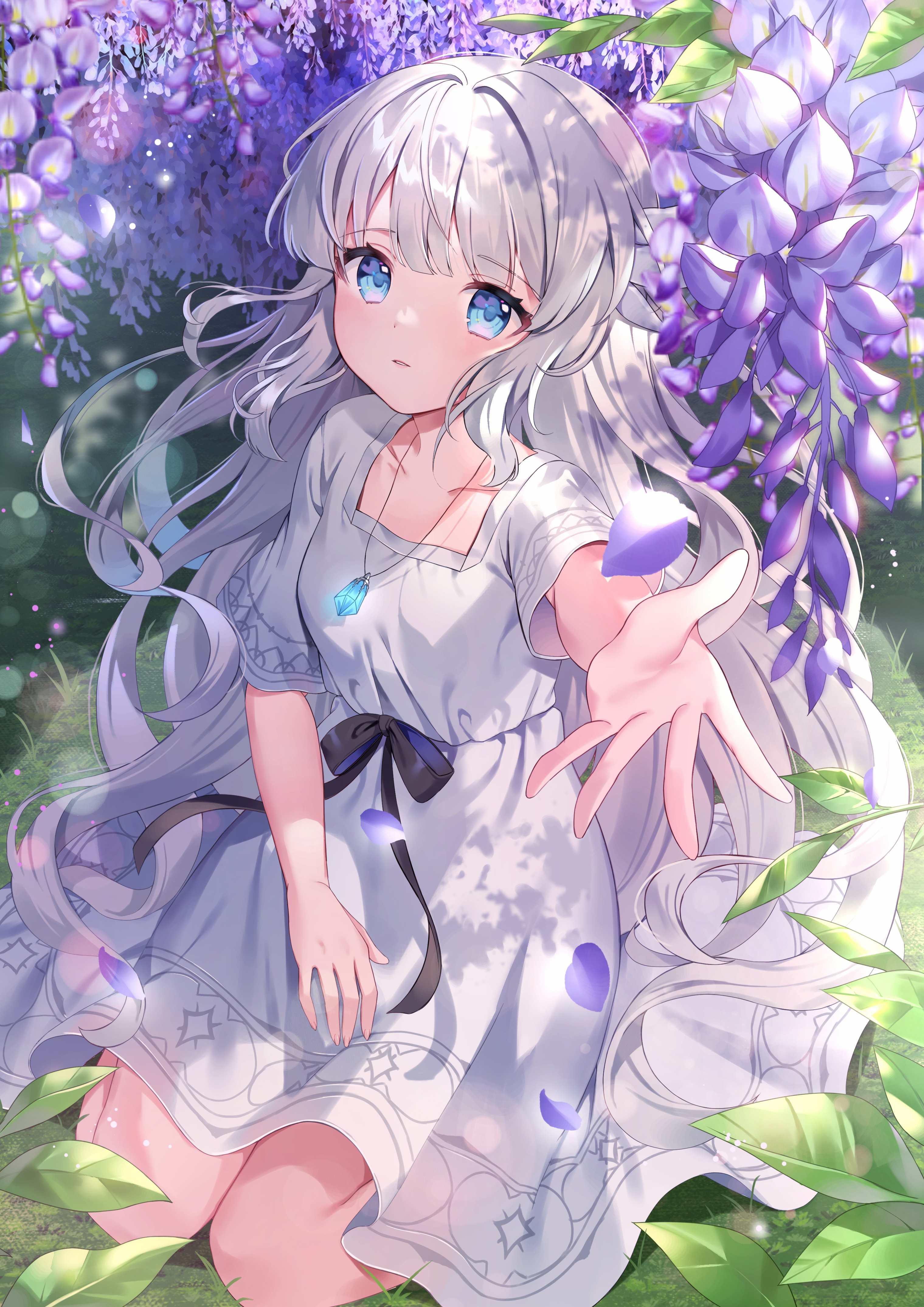 Girl with silver hair sitting under wisteria flowers HD Phone Wallpaper
