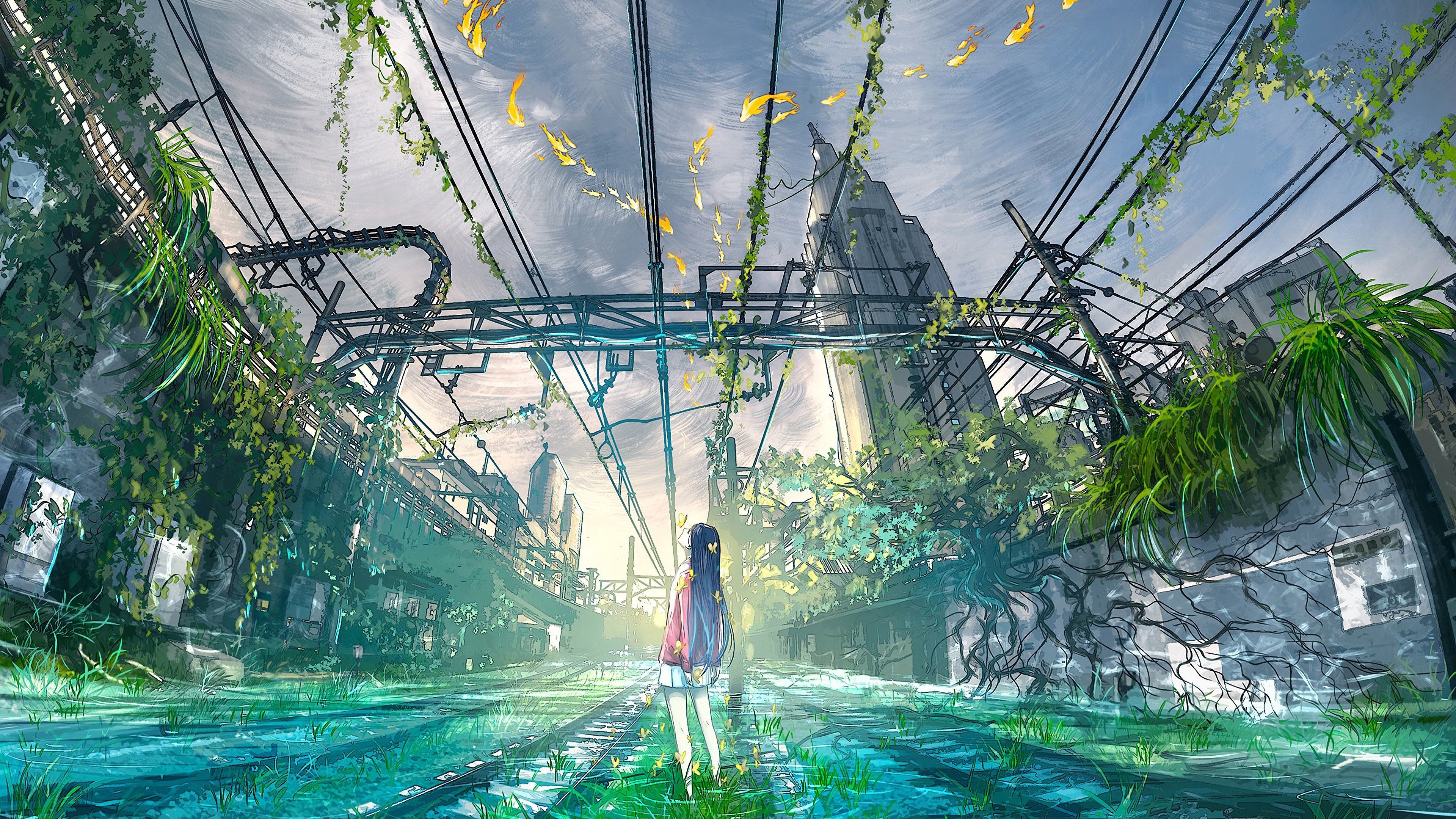 Anime girl in overgrown abandoned city with water HD Wallpaper