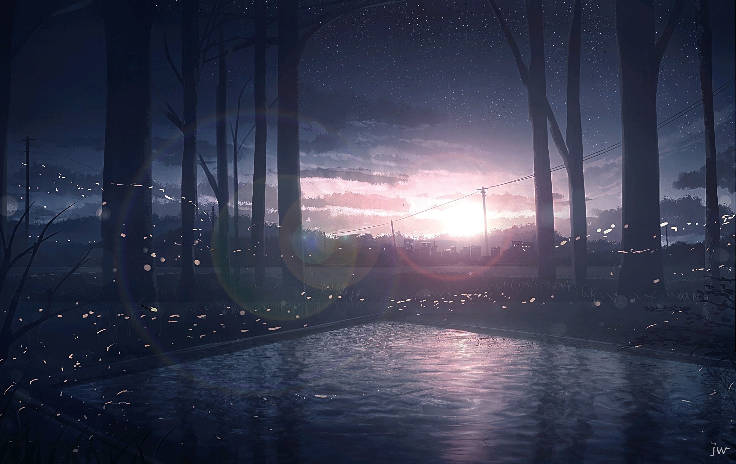 Anime landscape with trees and water at dawn HD Wallpaper