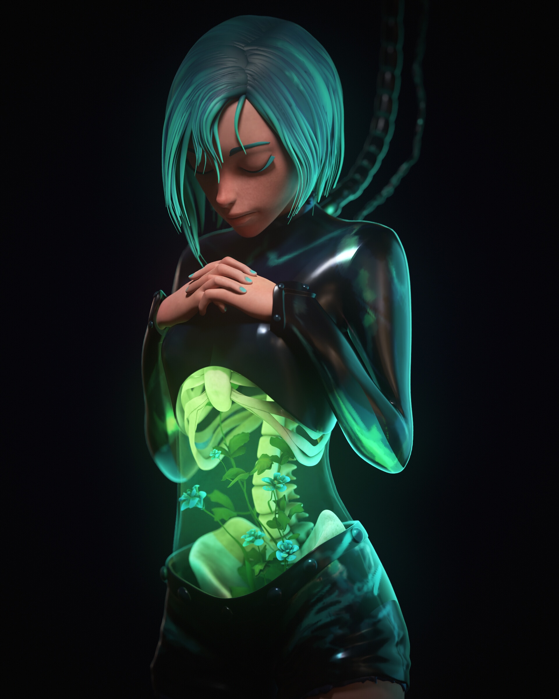 Woman with glowing skeleton and flowers inside HD Phone Wallpaper
