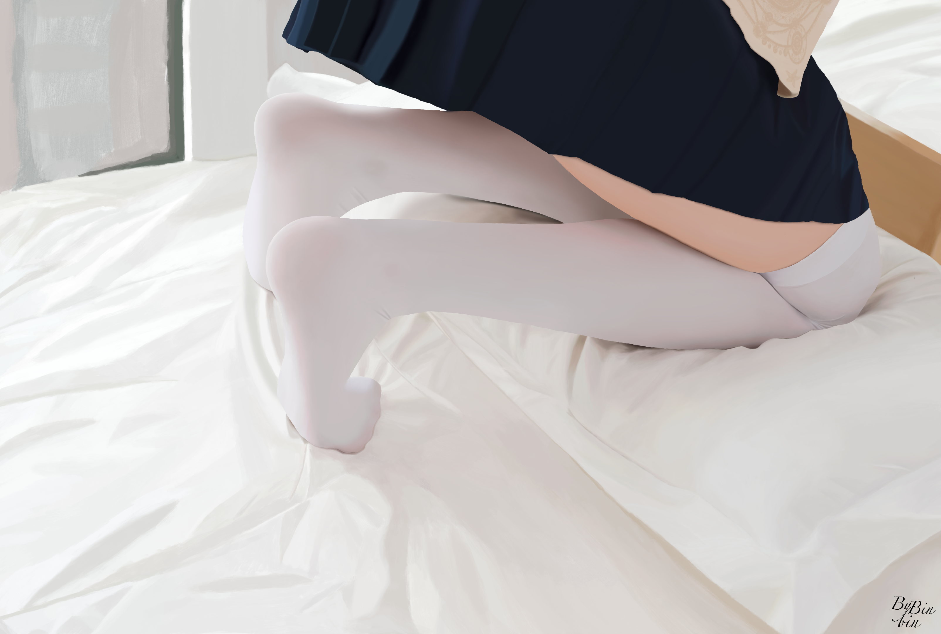 Fantasy girl in white stockings on a bed HD Wallpaper