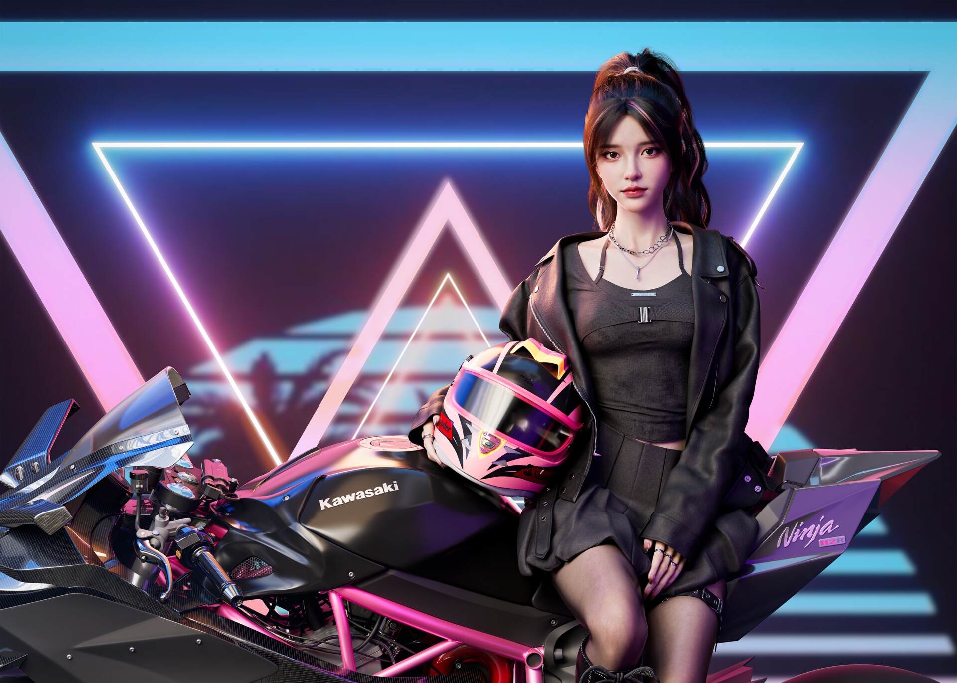 Girl with Kawasaki motorcycle and helmet HD Wallpaper