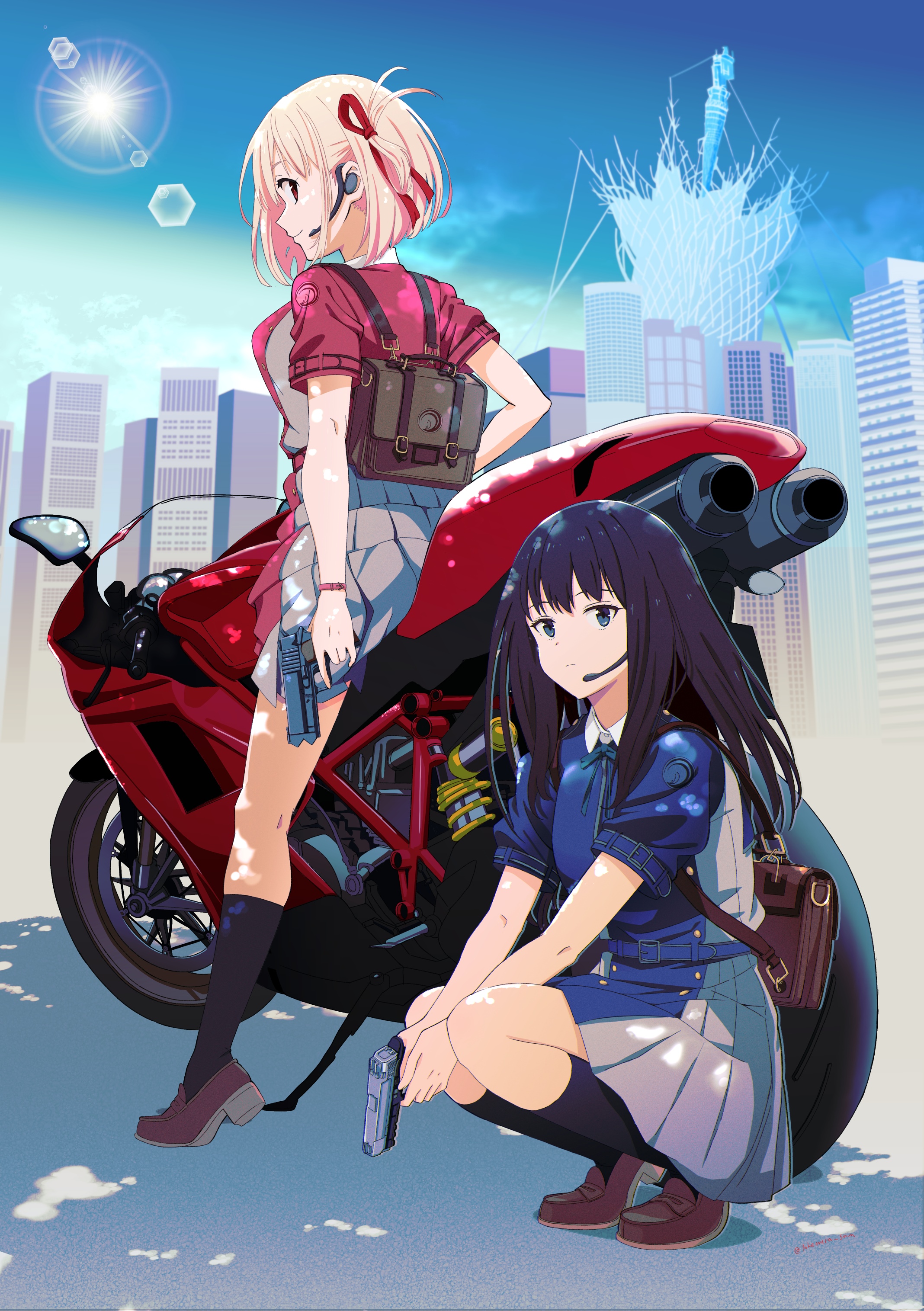 Lycoris Recoil: Chisato and Takina with a Motorcycle HD Phone Wallpaper