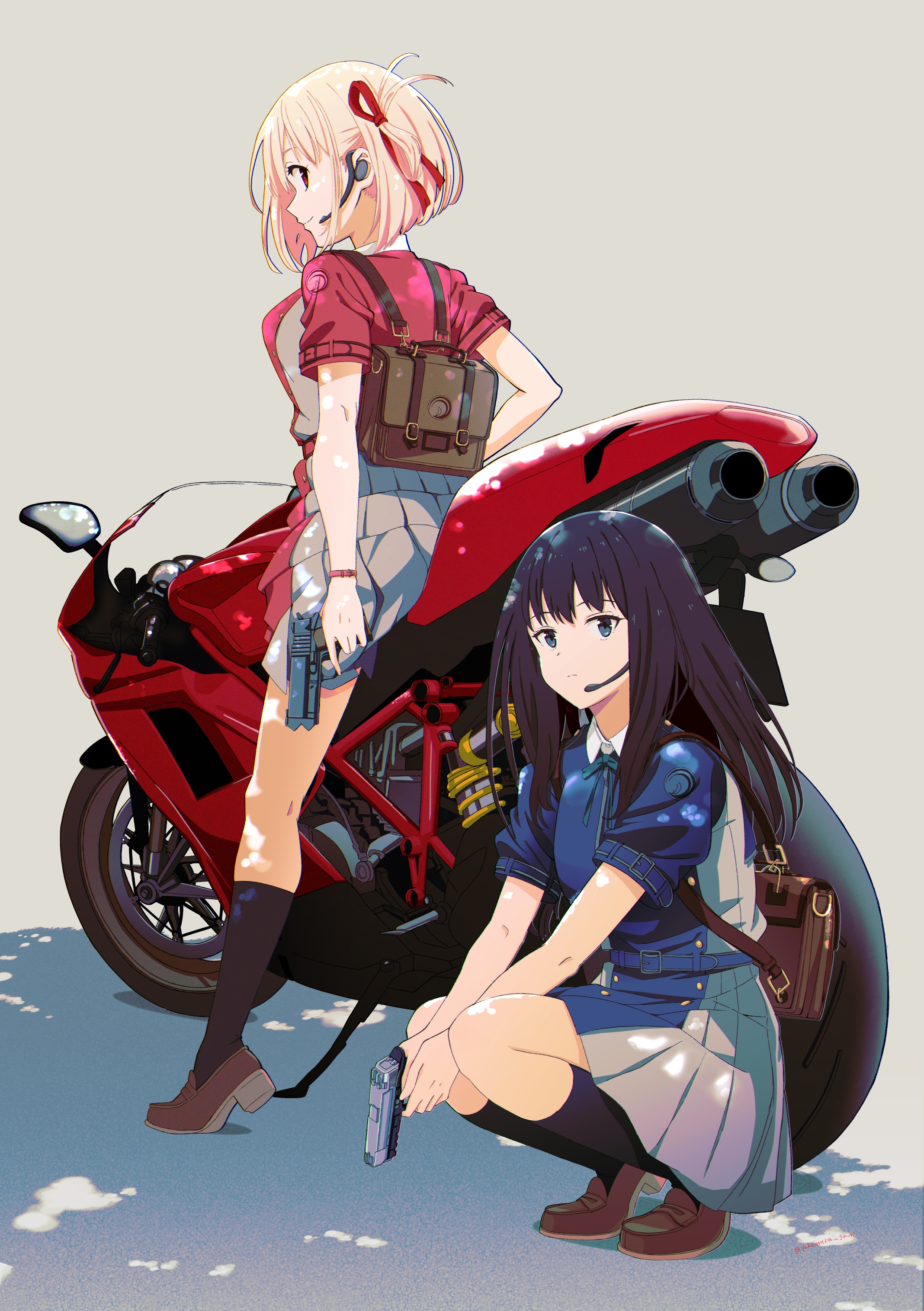 Lycoris Recoil fan art: Chisato and Takina with motorcycle HD Phone Wallpaper