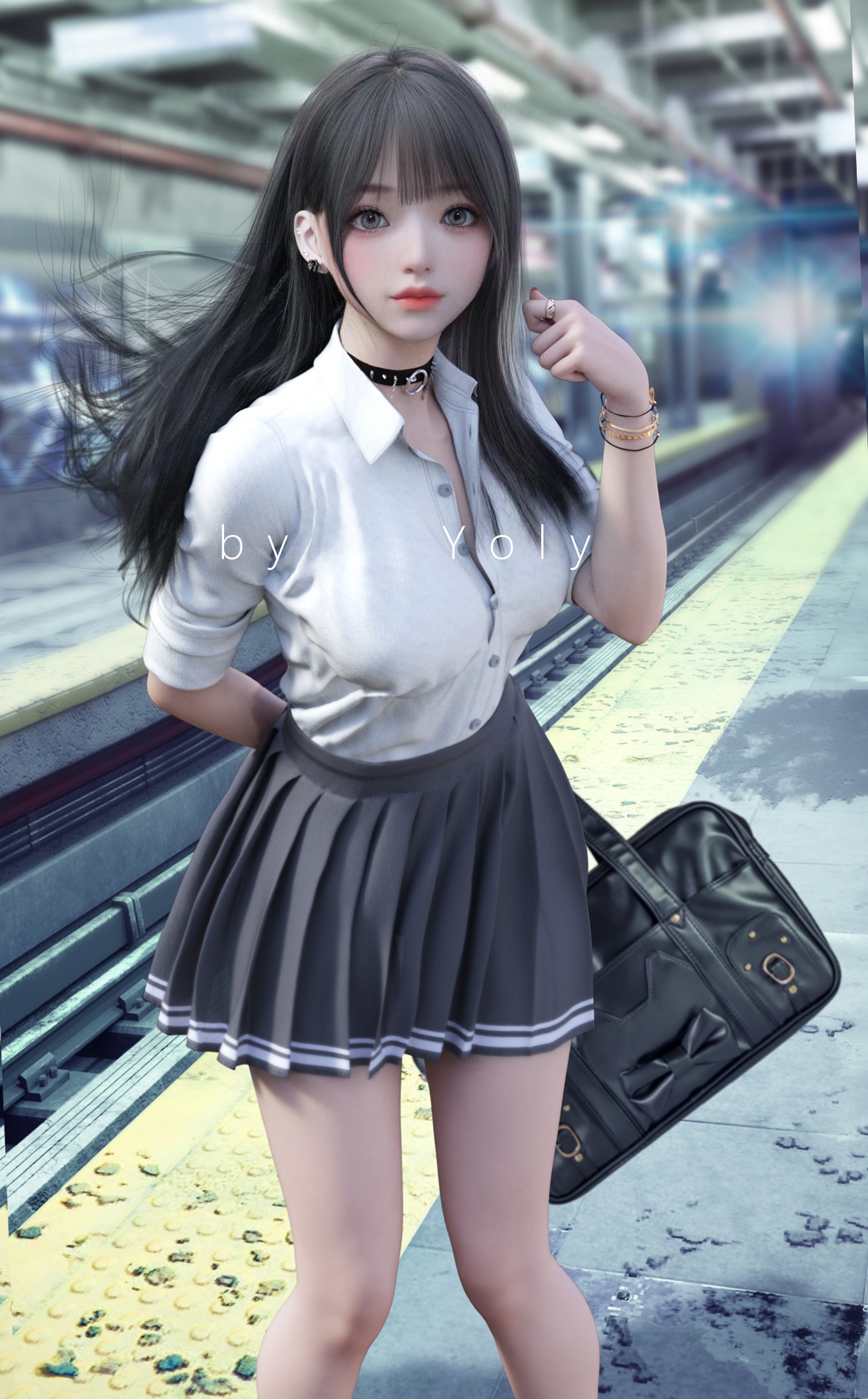 Fantasy girl Yoly in school uniform at train station HD Phone Wallpaper