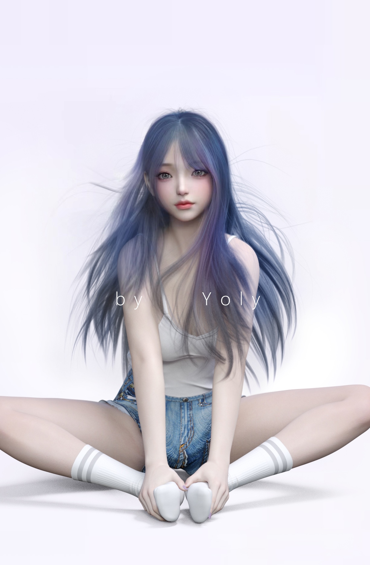 Fantasy girl with blue hair sitting down HD Phone Wallpaper