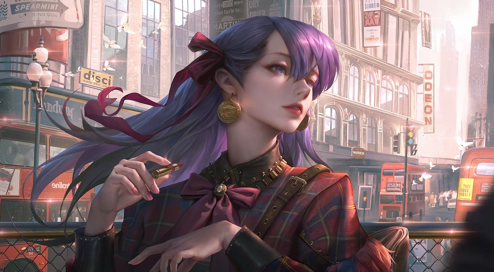 Woman with purple hair applying lipstick in London HD Wallpaper