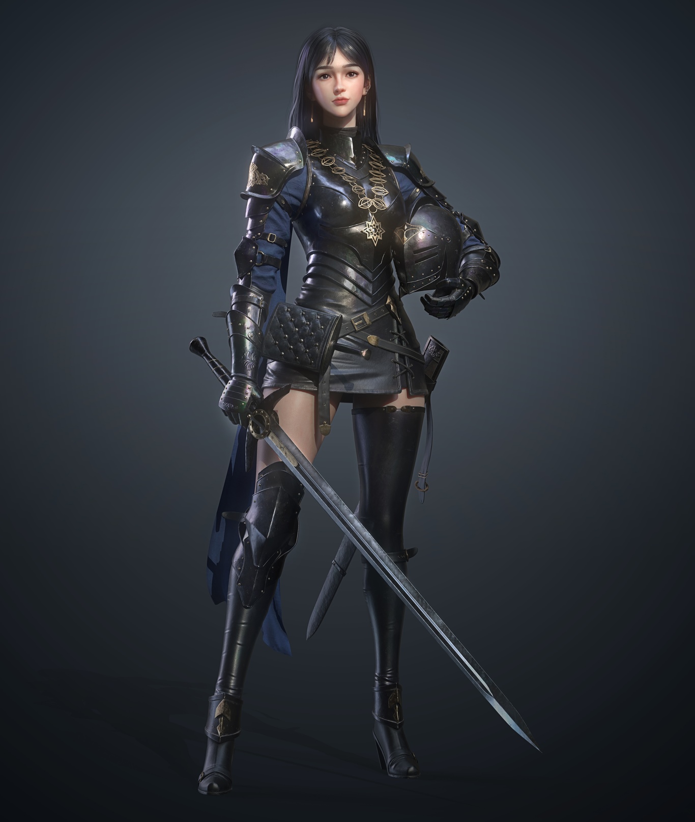 Fantasy girl in armor holding a sword and helmet HD Phone Wallpaper