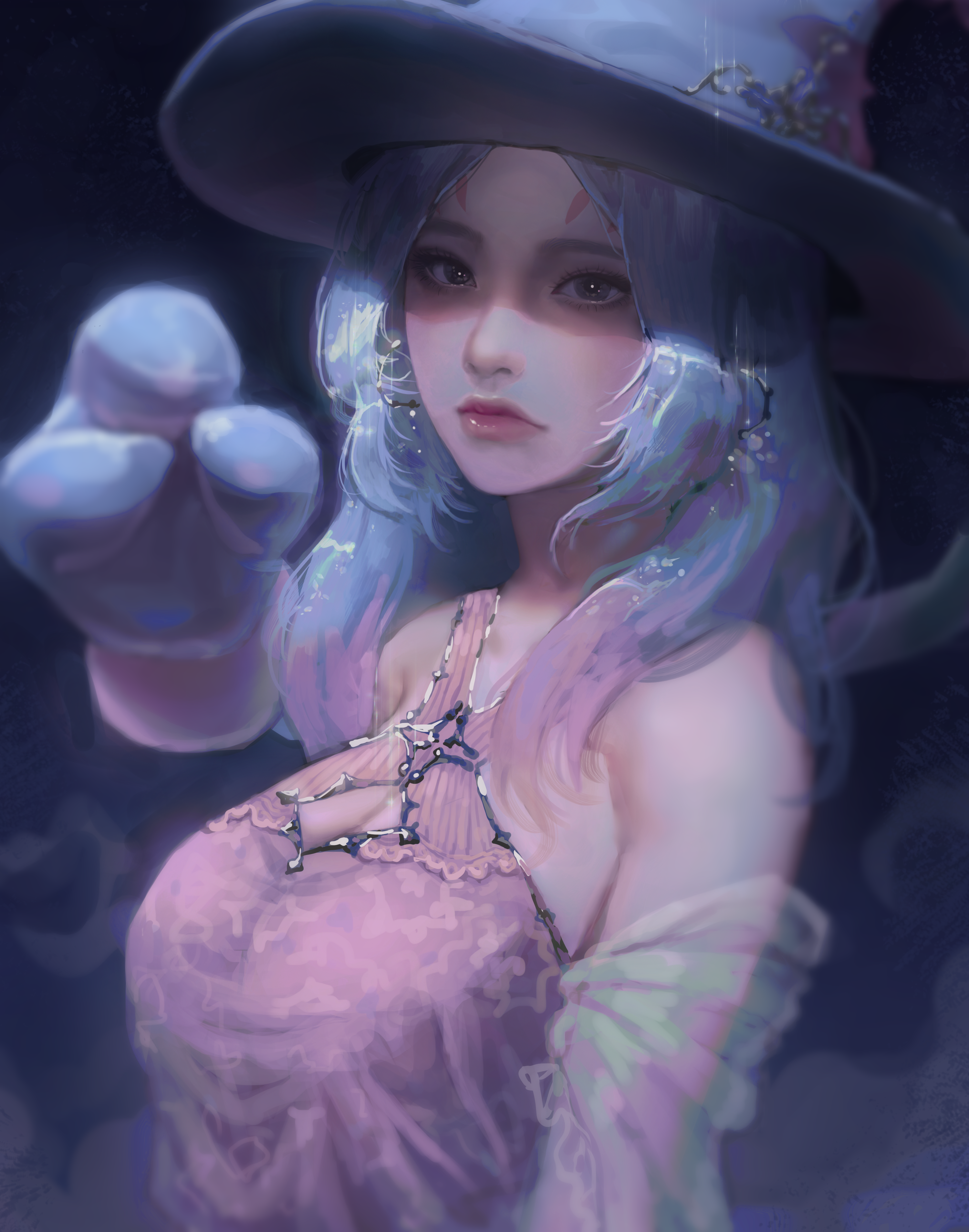 Fantasy witch girl with blue hair and hat HD Phone Wallpaper