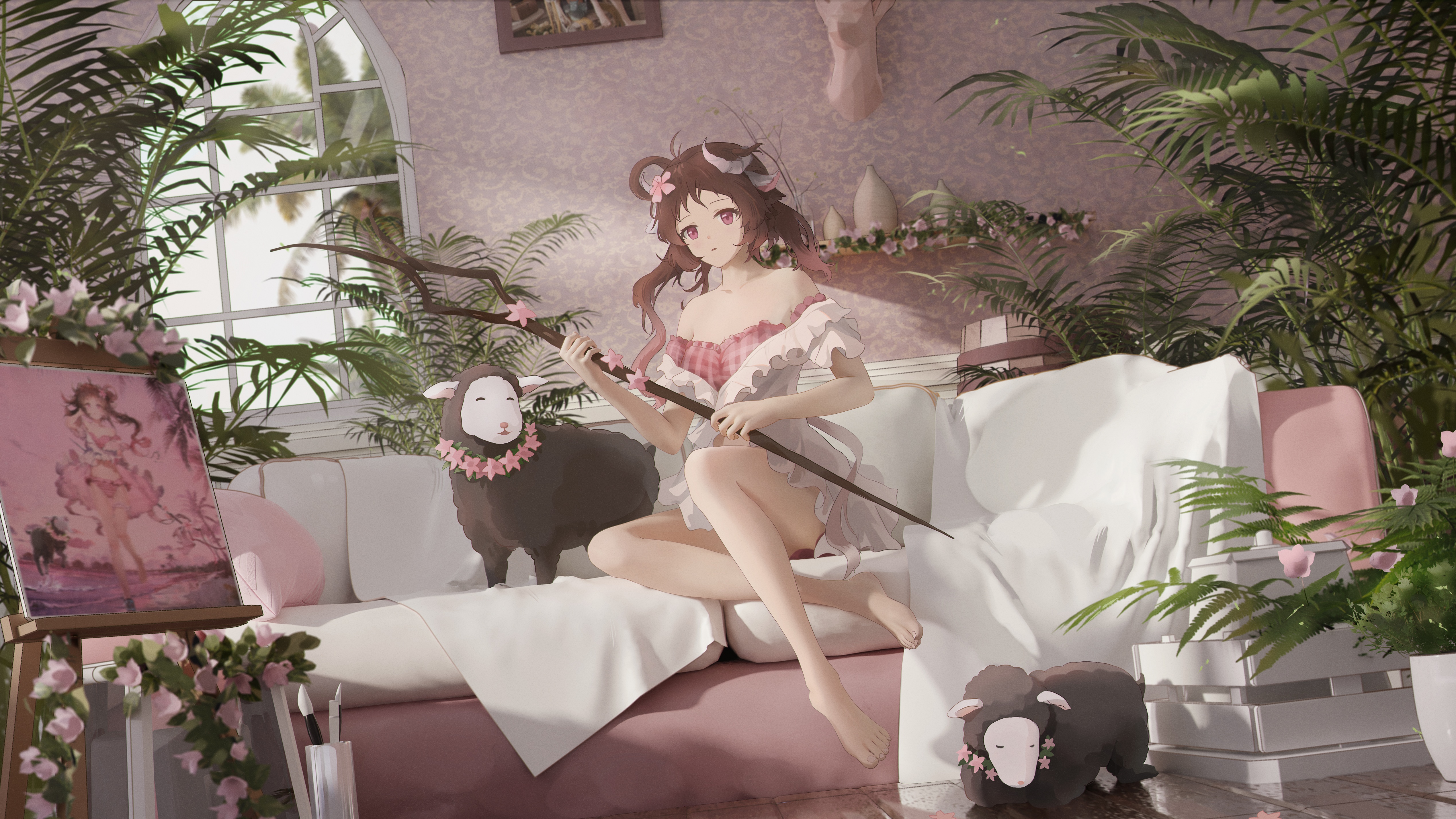 Arknights Eyjafjalla with sheep on a couch HD Wallpaper