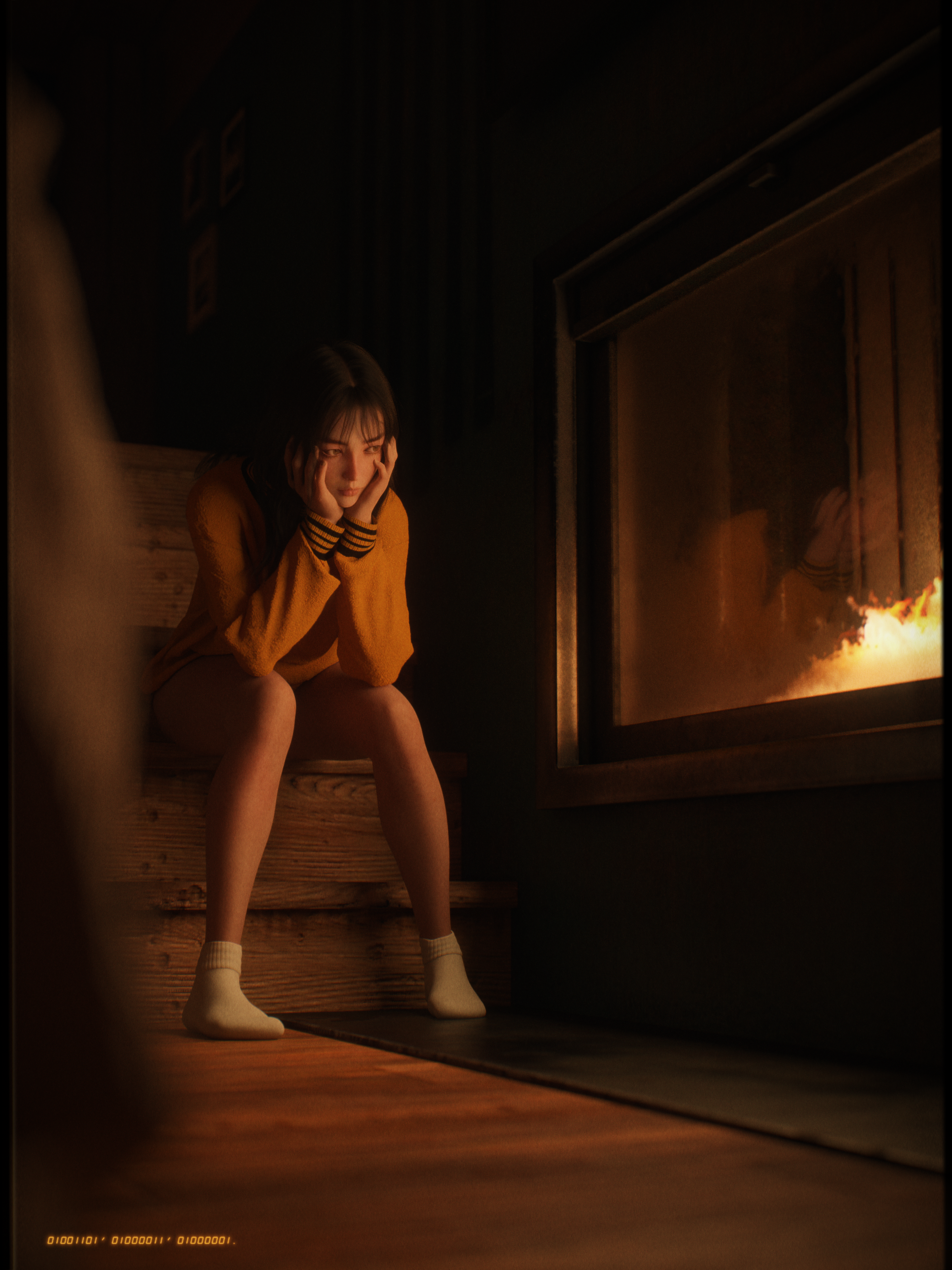 Fantasy girl sitting by a fireplace HD Phone Wallpaper