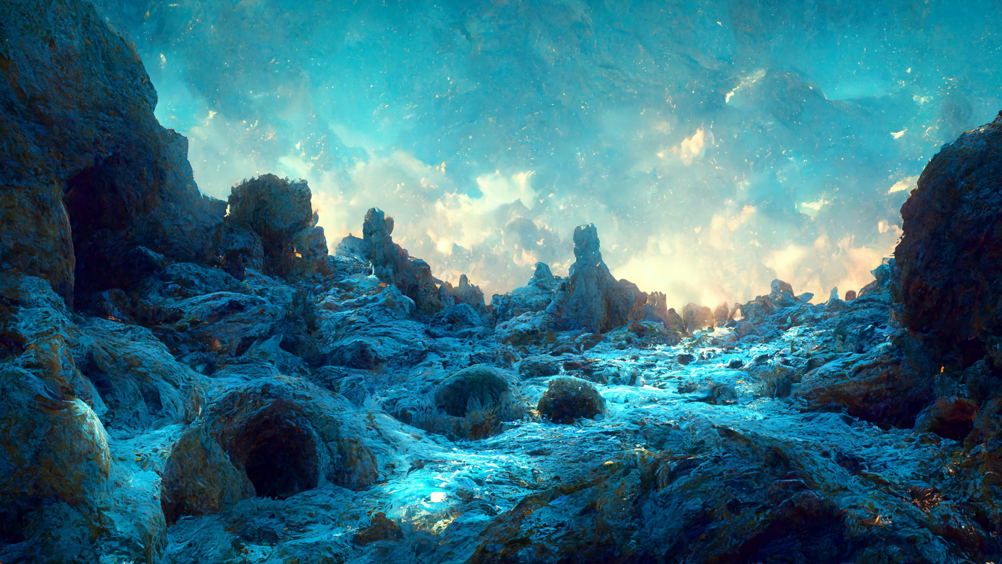 Blue ice crystals in a rocky cave with clouds HD Wallpaper