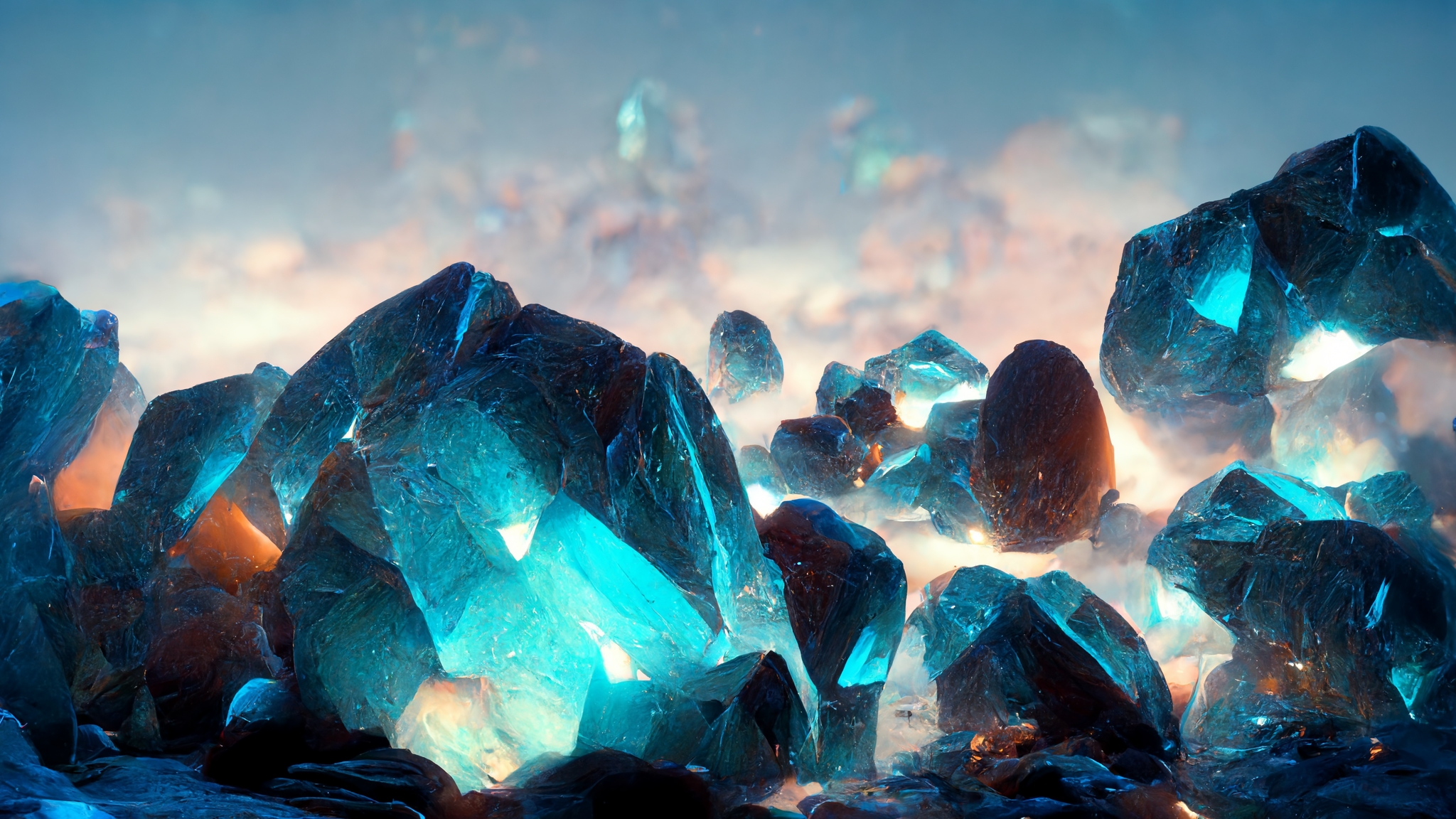 Glowing blue ice crystals in a misty landscape HD Wallpaper