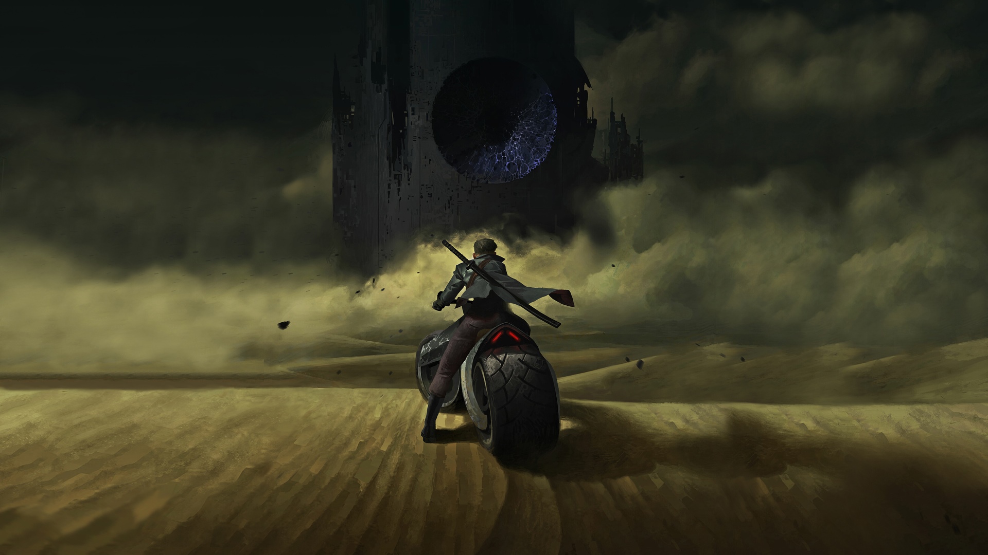Man on motorcycle approaches a dark tower in a desert HD Wallpaper
