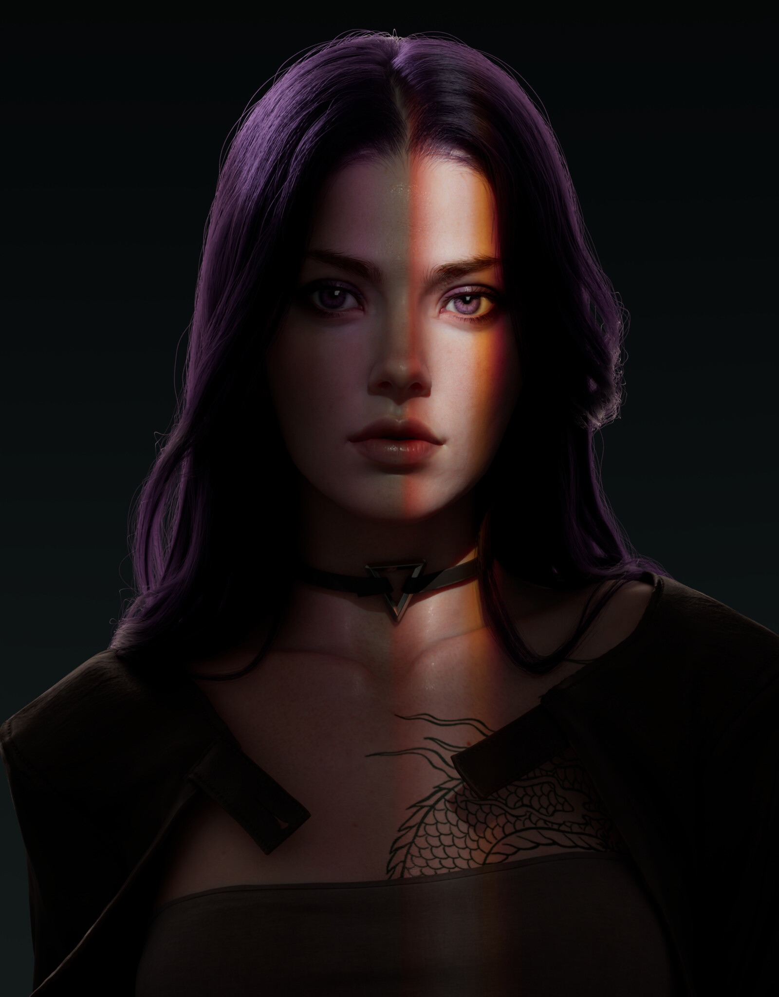 Fantasy girl with purple hair and dragon tattoo HD Phone Wallpaper