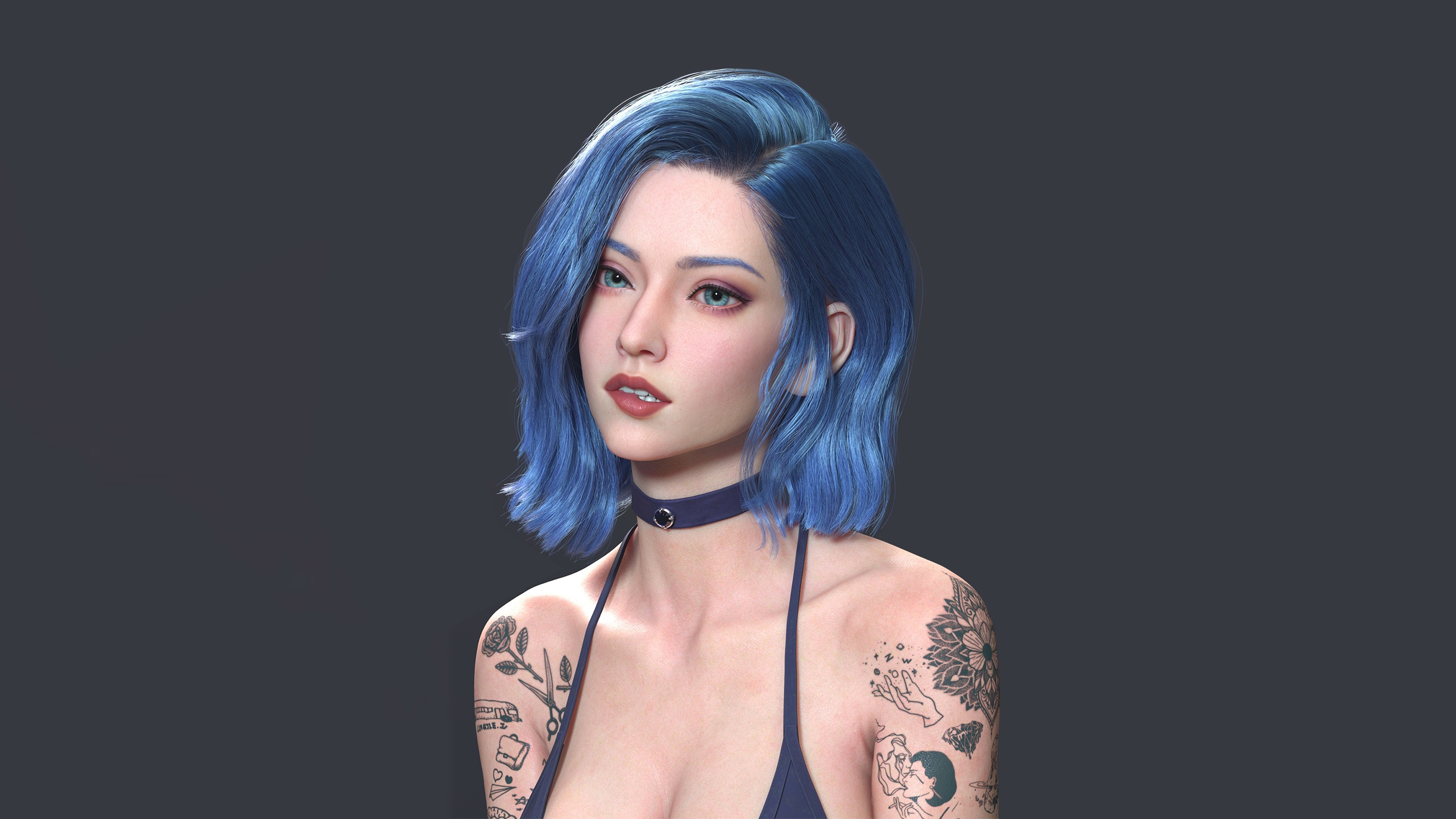 Woman with blue hair and tattoos HD Wallpaper