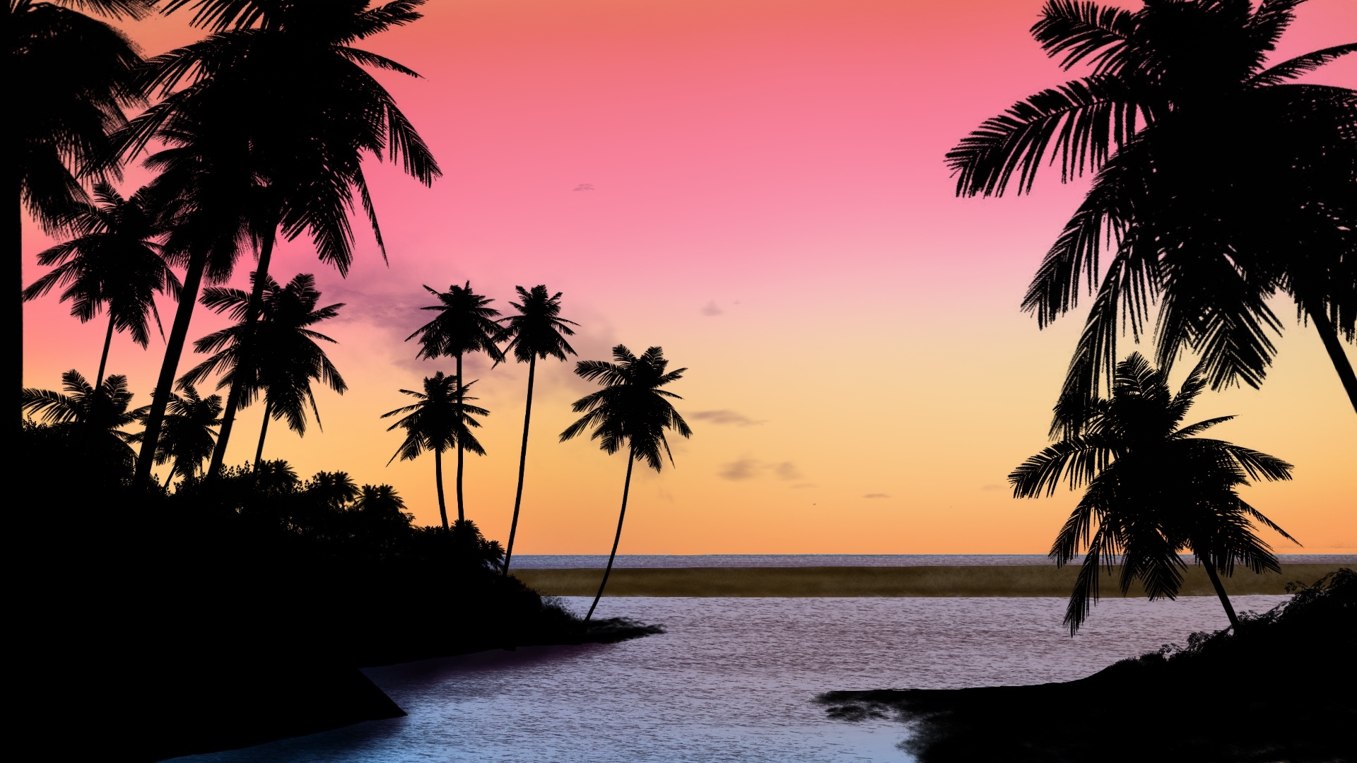 Tropical island with palm trees at sunset HD Wallpaper