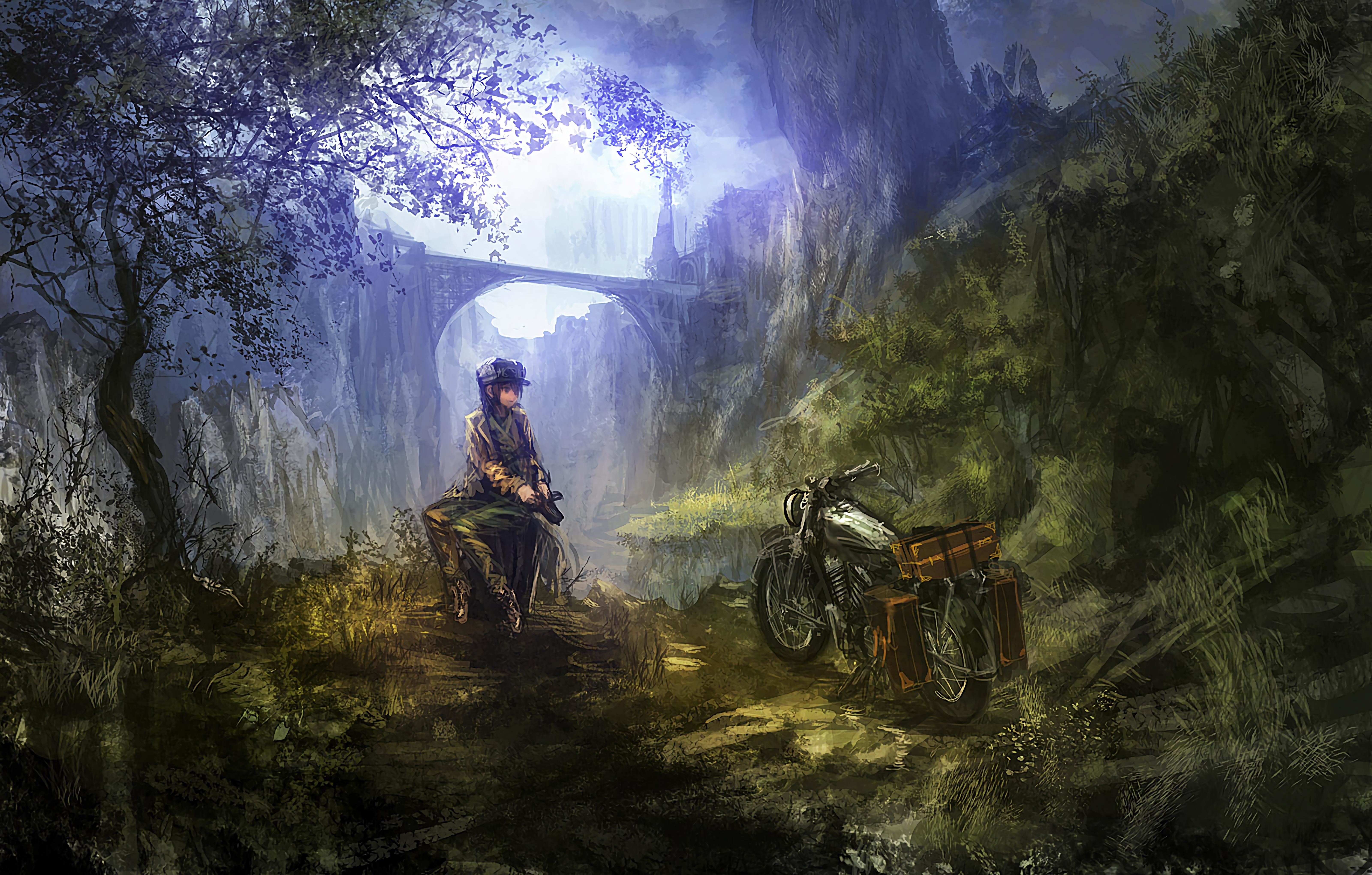 Girl with motorcycle near ancient ruins HD Wallpaper