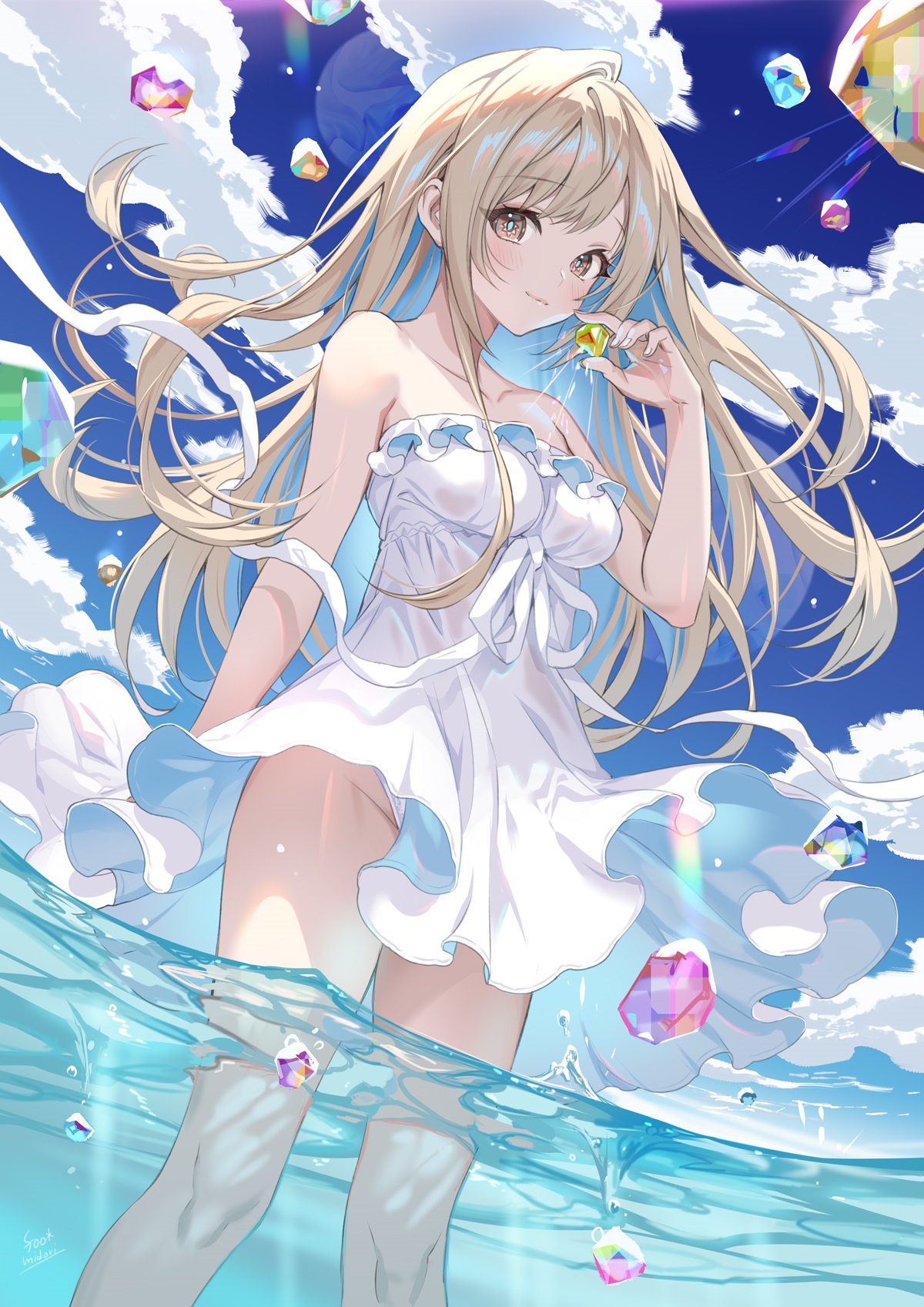 Girl in white dress holding a crystal in water HD Phone Wallpaper