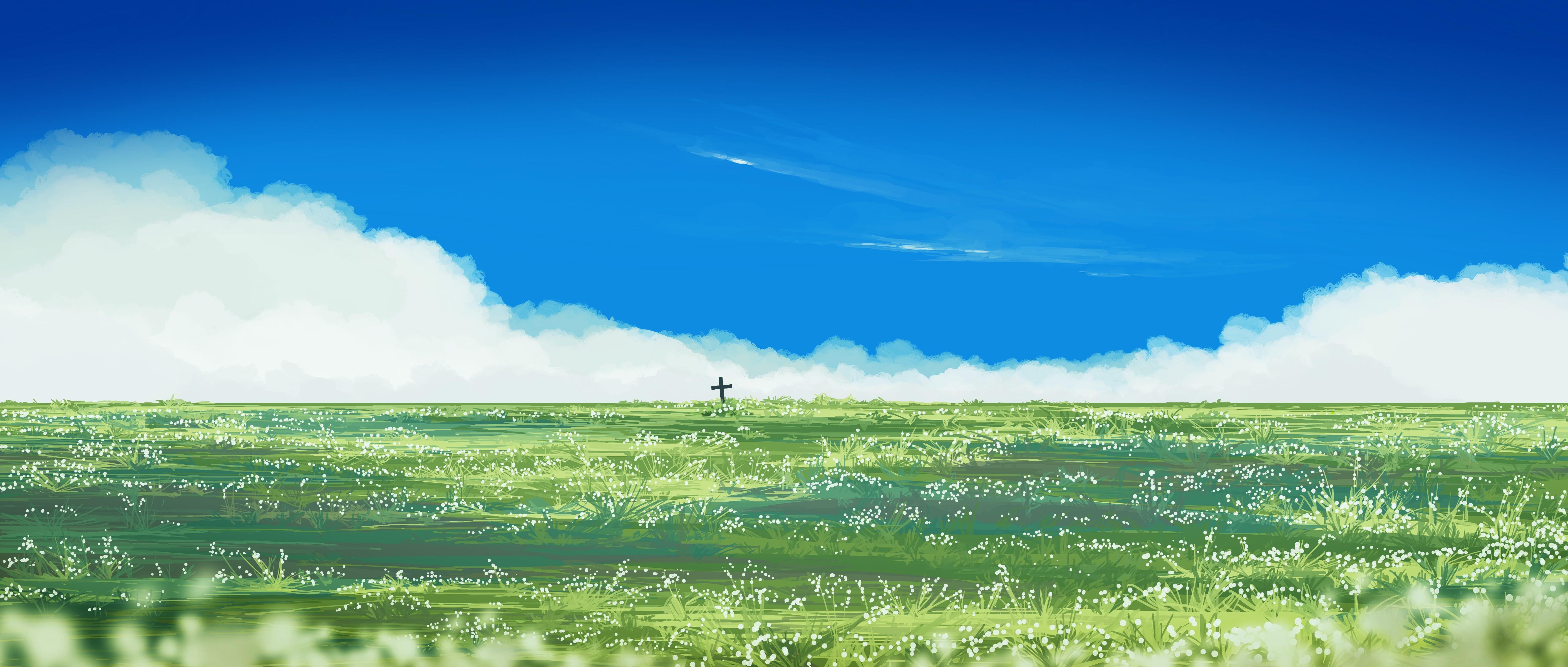 4K cross in a grassy field under blue sky HD Wallpaper