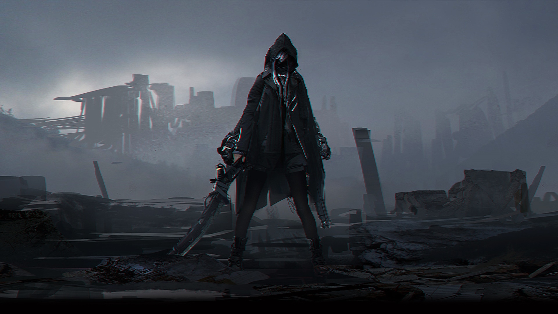 Female warrior with sword in post-apocalyptic ruins HD Wallpaper