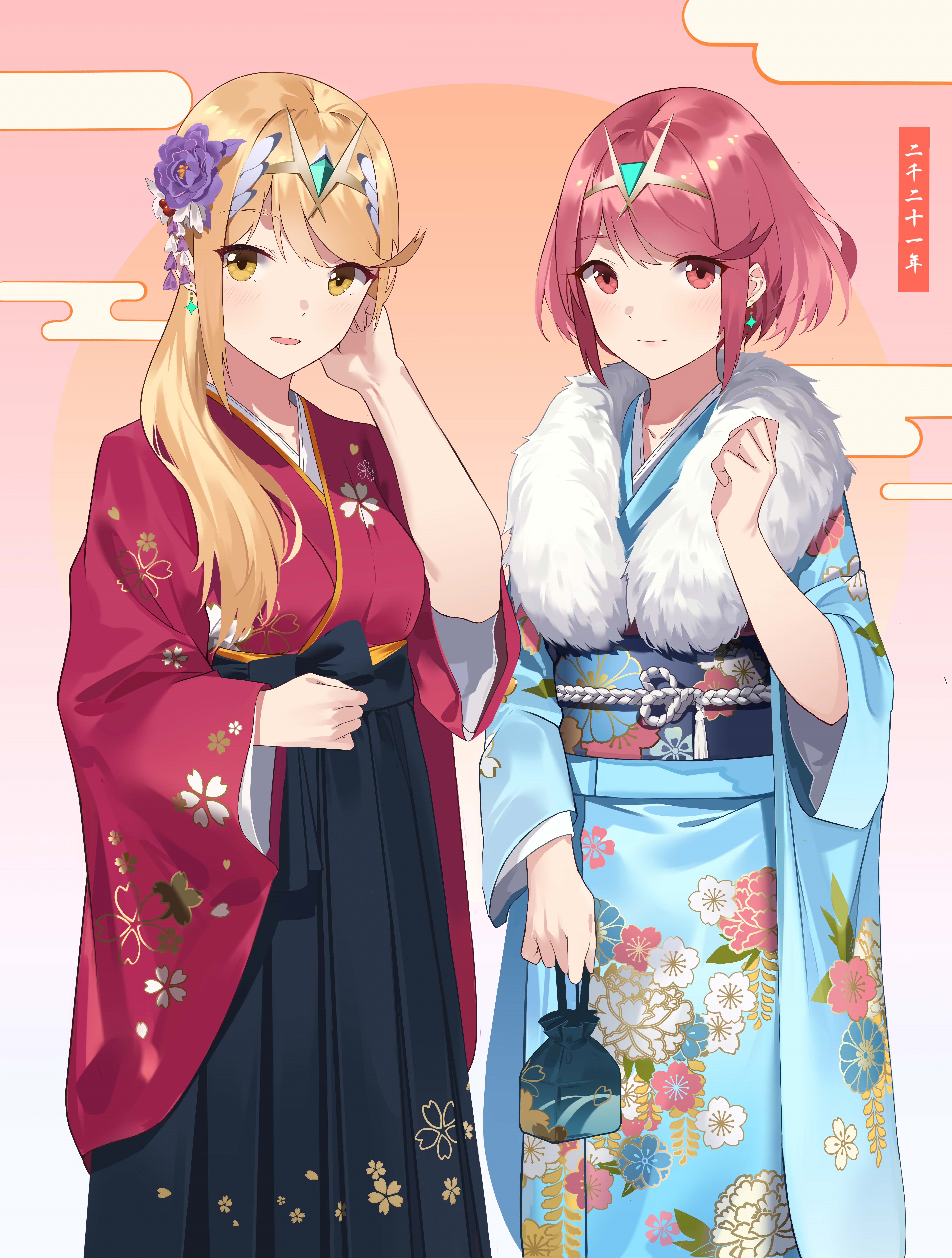 Hikari and Homura in traditional Japanese clothing HD Phone Wallpaper
