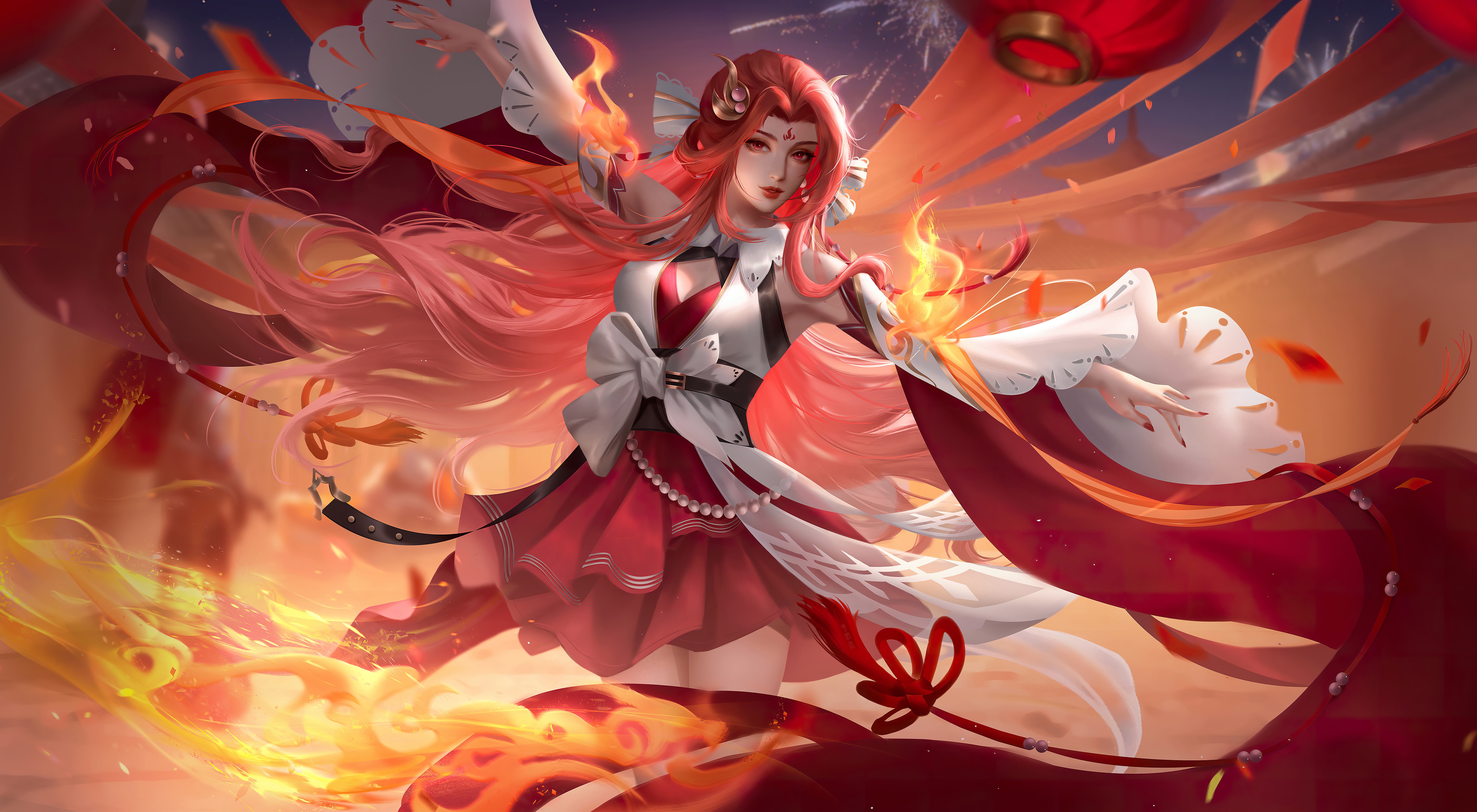 4K Chinese New Year Woman with Fire HD Wallpaper