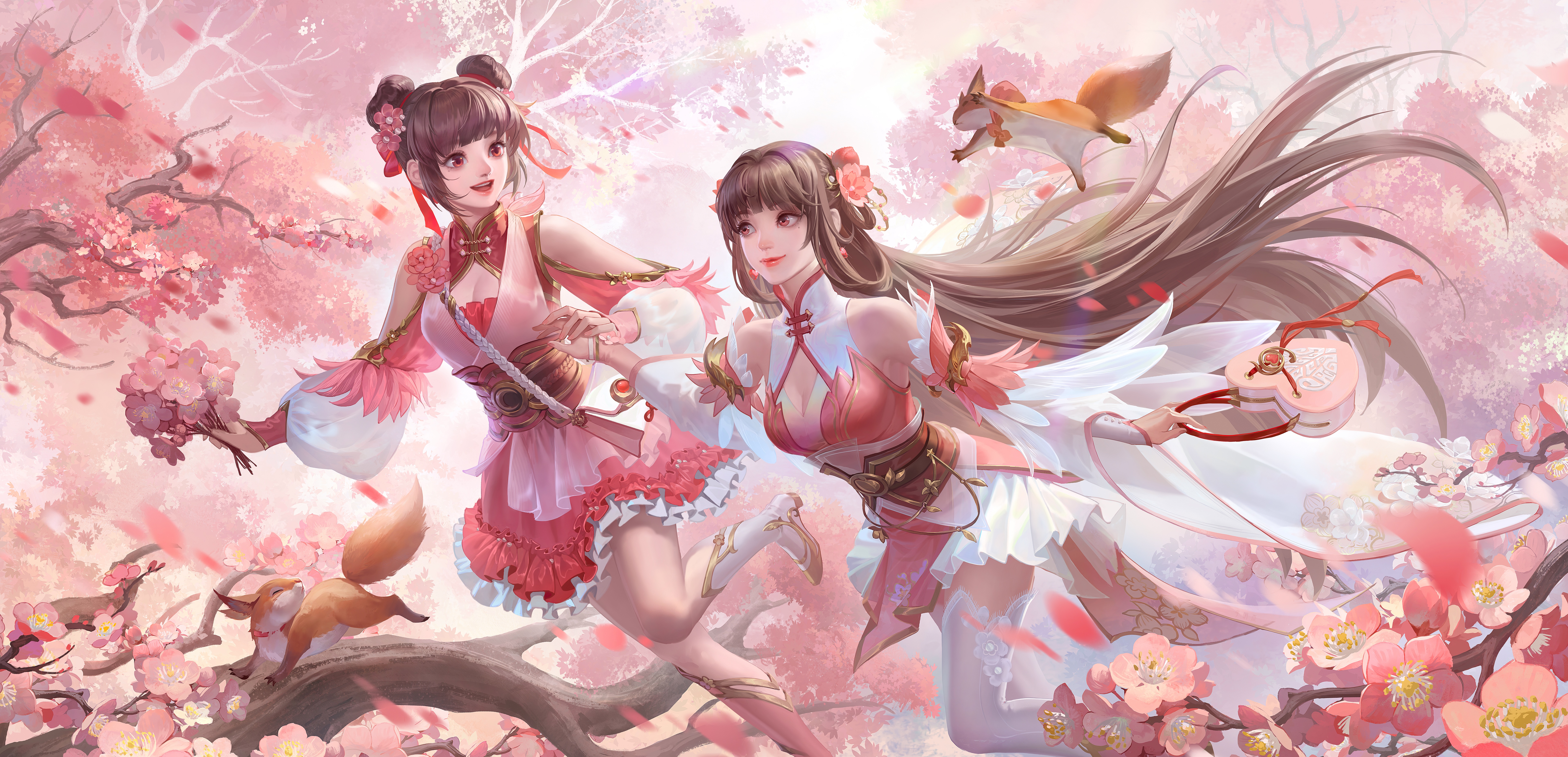 Two anime girls in pink dresses with squirrels HD Wallpaper