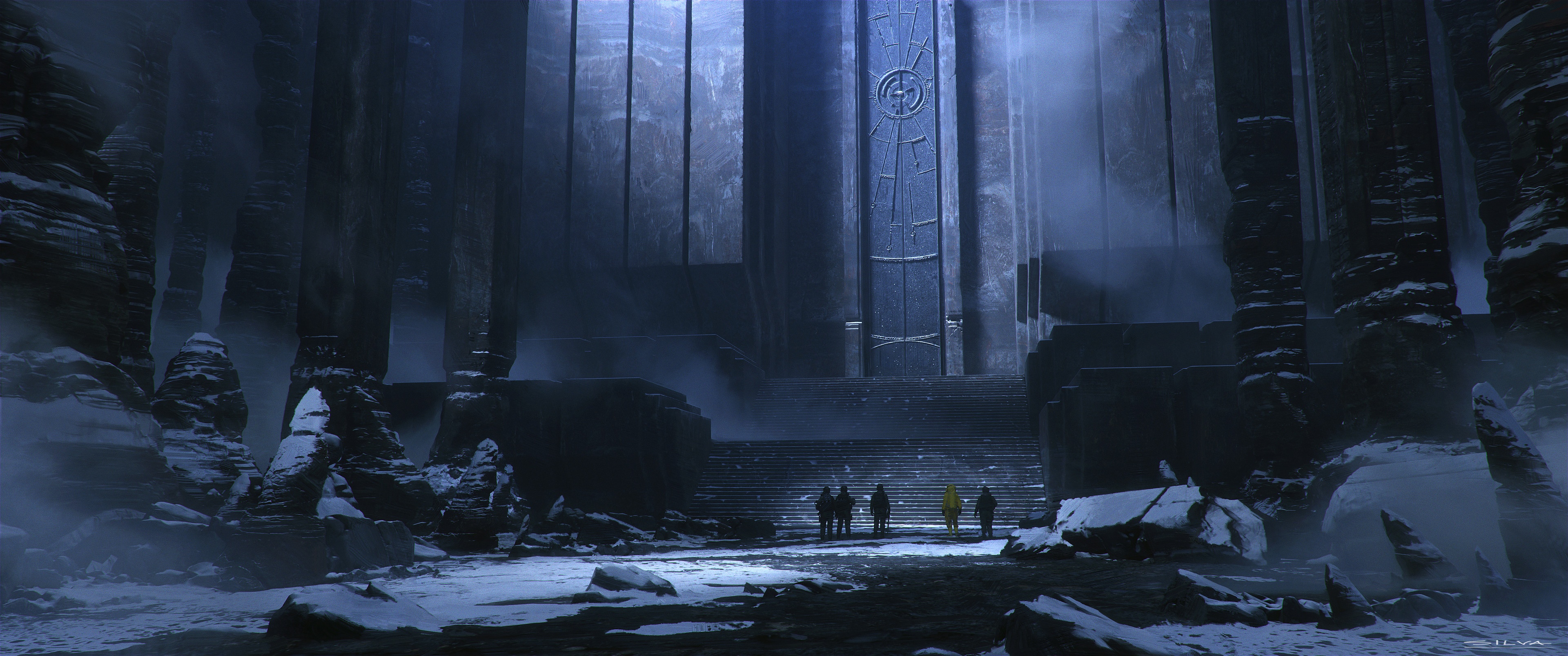 Artwork by Fernando Silva of ancient ruins in snow HD Wallpaper