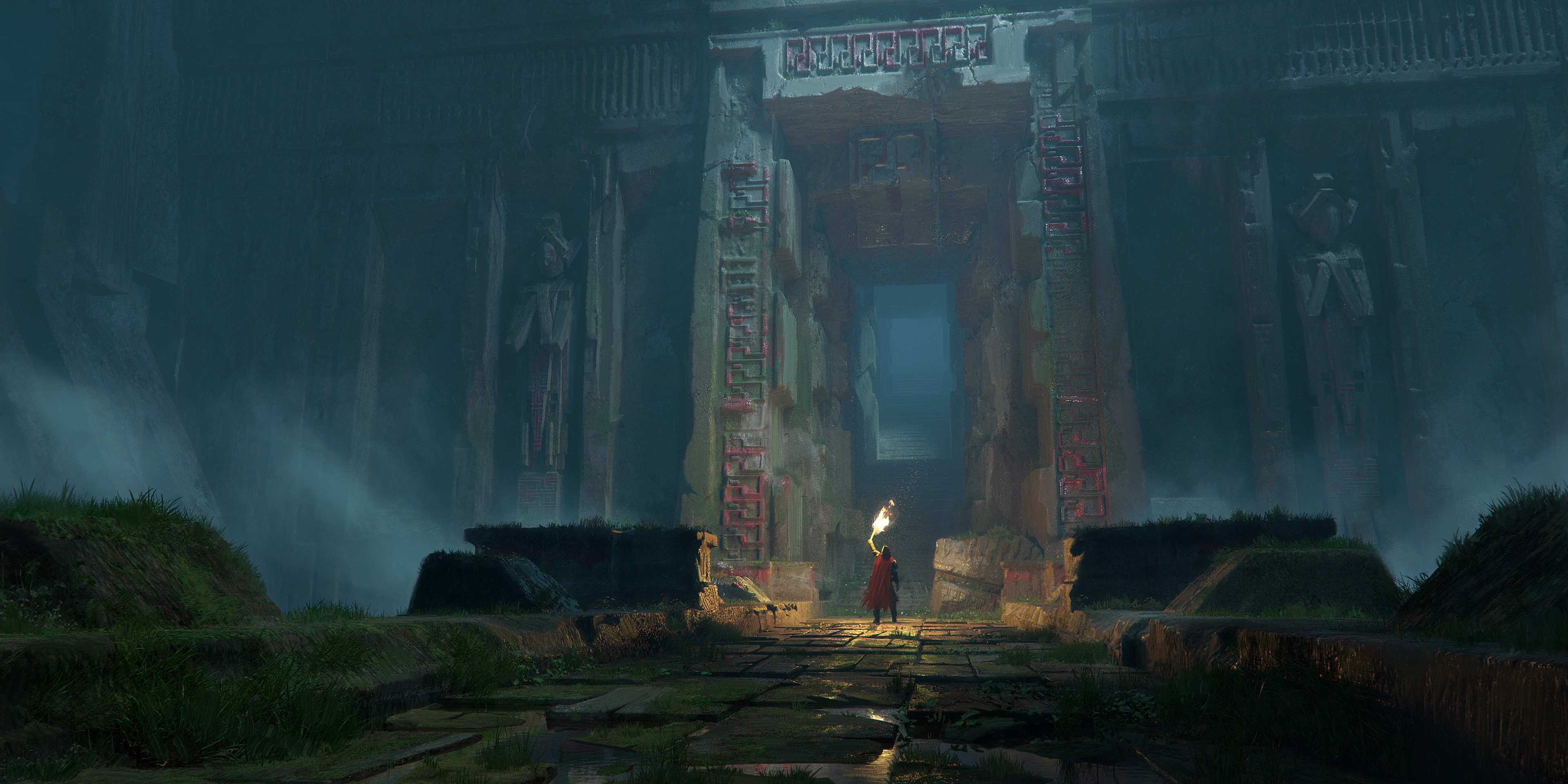 Ancient temple ruins with a torch-bearing figure HD Wallpaper