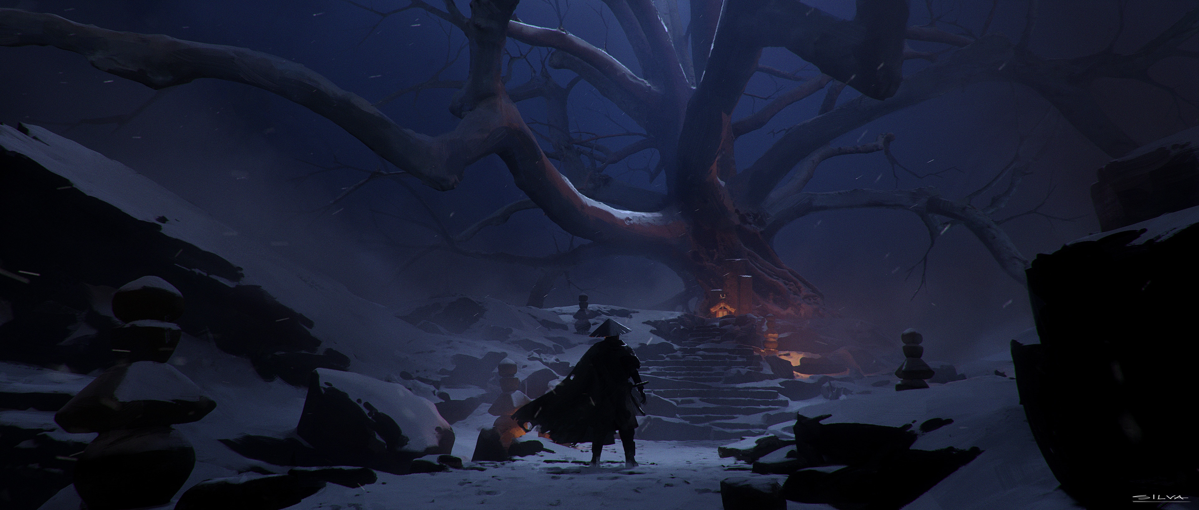 Samurai in a snowy environment under a large tree HD Wallpaper