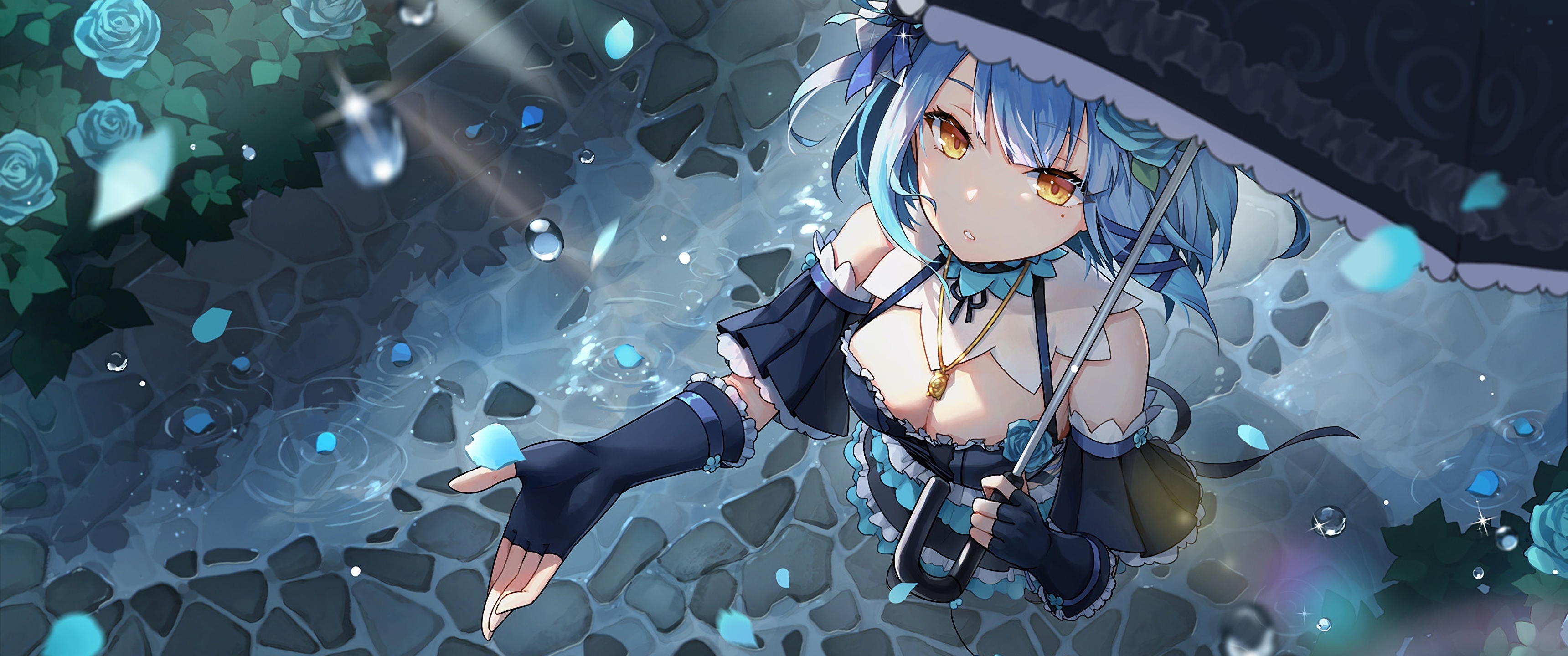 Anime girl with blue hair holding an umbrella in the rain HD Wallpaper