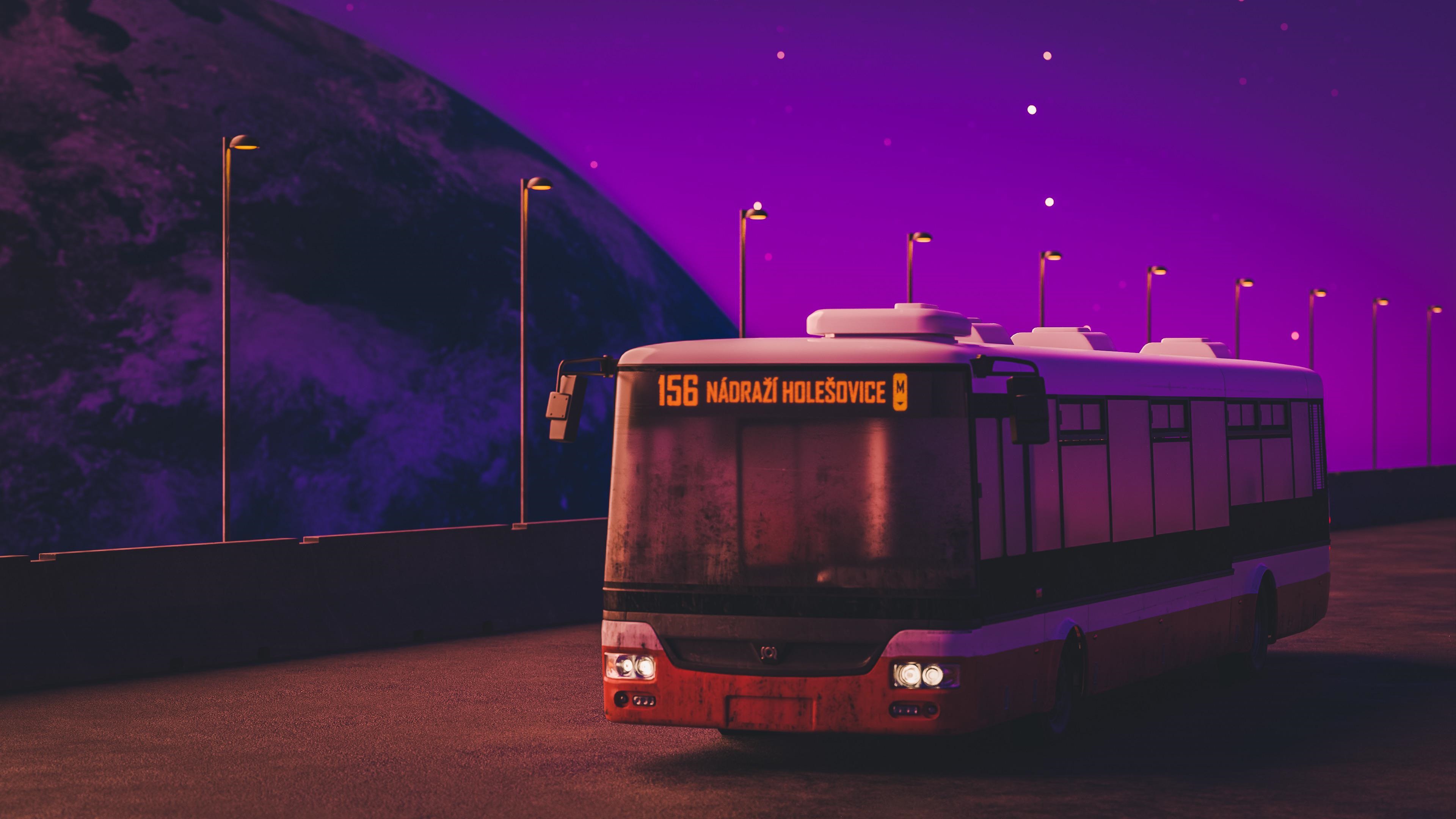 4K bus with destination sign in purple sky HD Wallpaper
