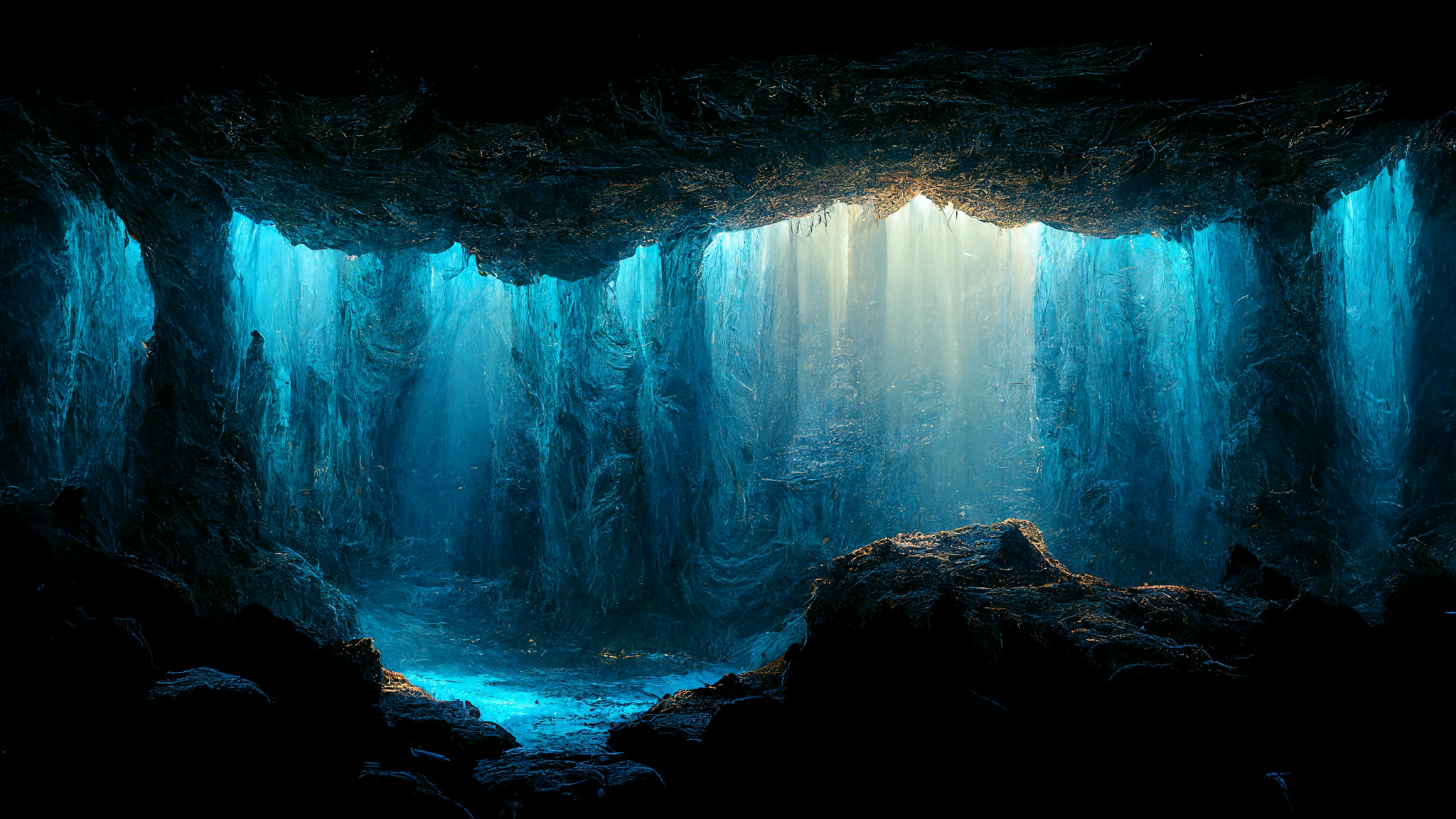 Sunlight streams into a dark blue cave HD Wallpaper