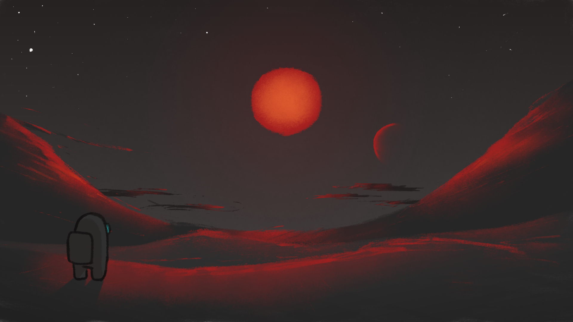 Among Us character on a red alien planet with two suns HD Wallpaper
