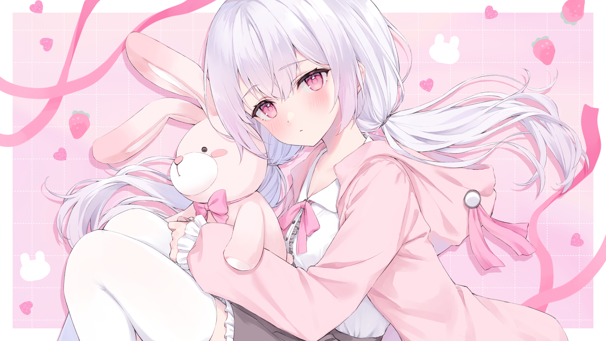 Girl with pink eyes and white hair holding a rabbit plush HD Wallpaper