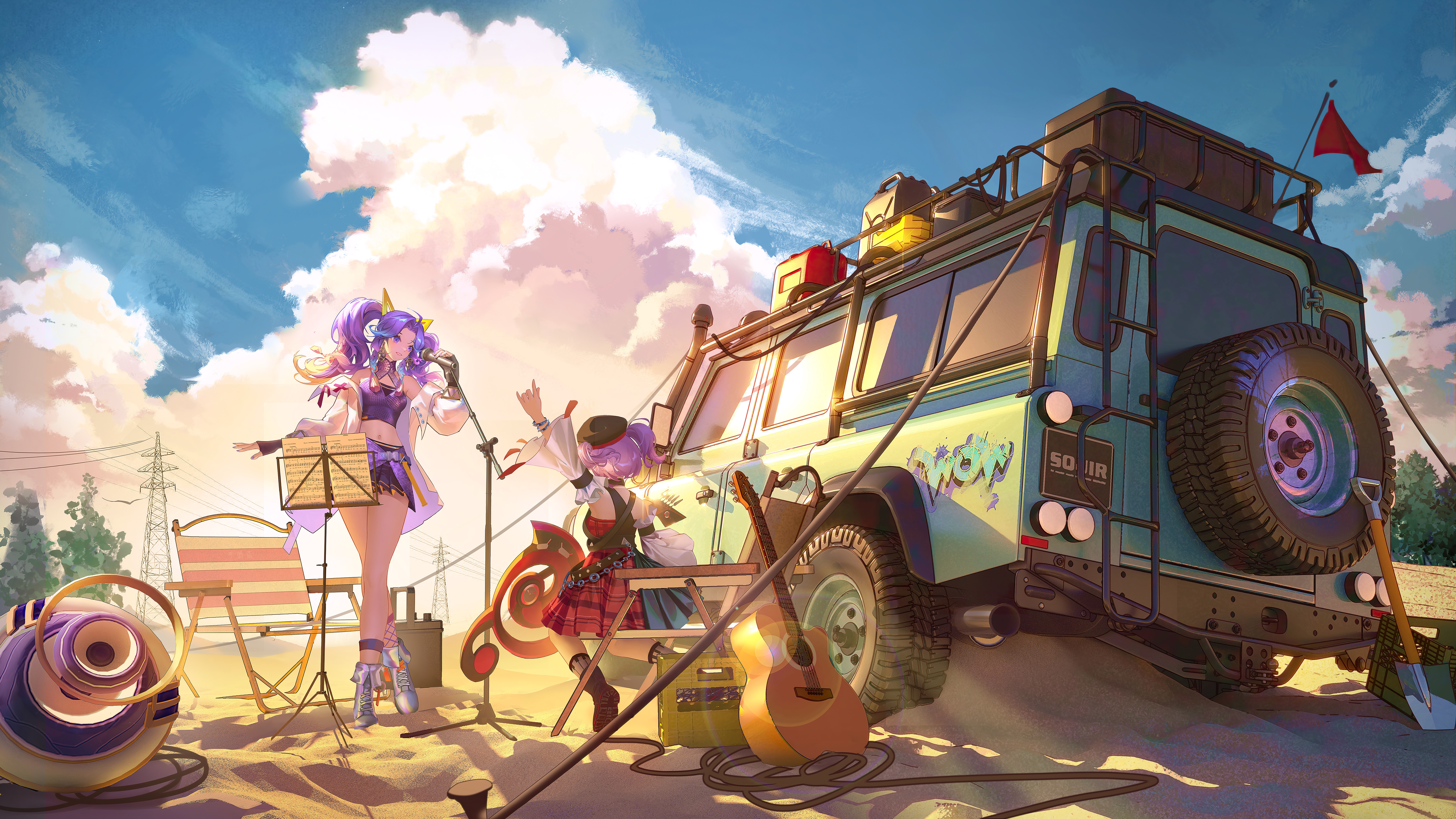 Honor of Kings characters performing music with a van HD Wallpaper