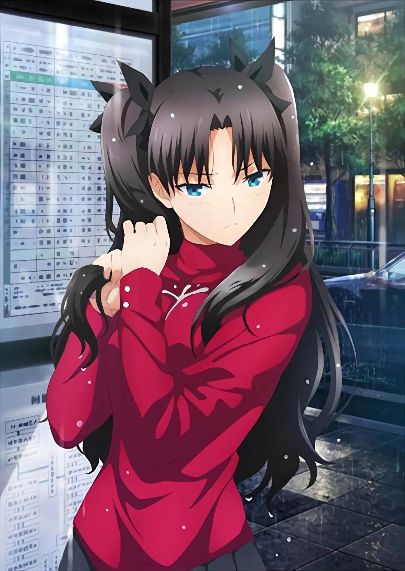 Tohsaka Rin from Fate/Stay Night in the rain HD Phone Wallpaper