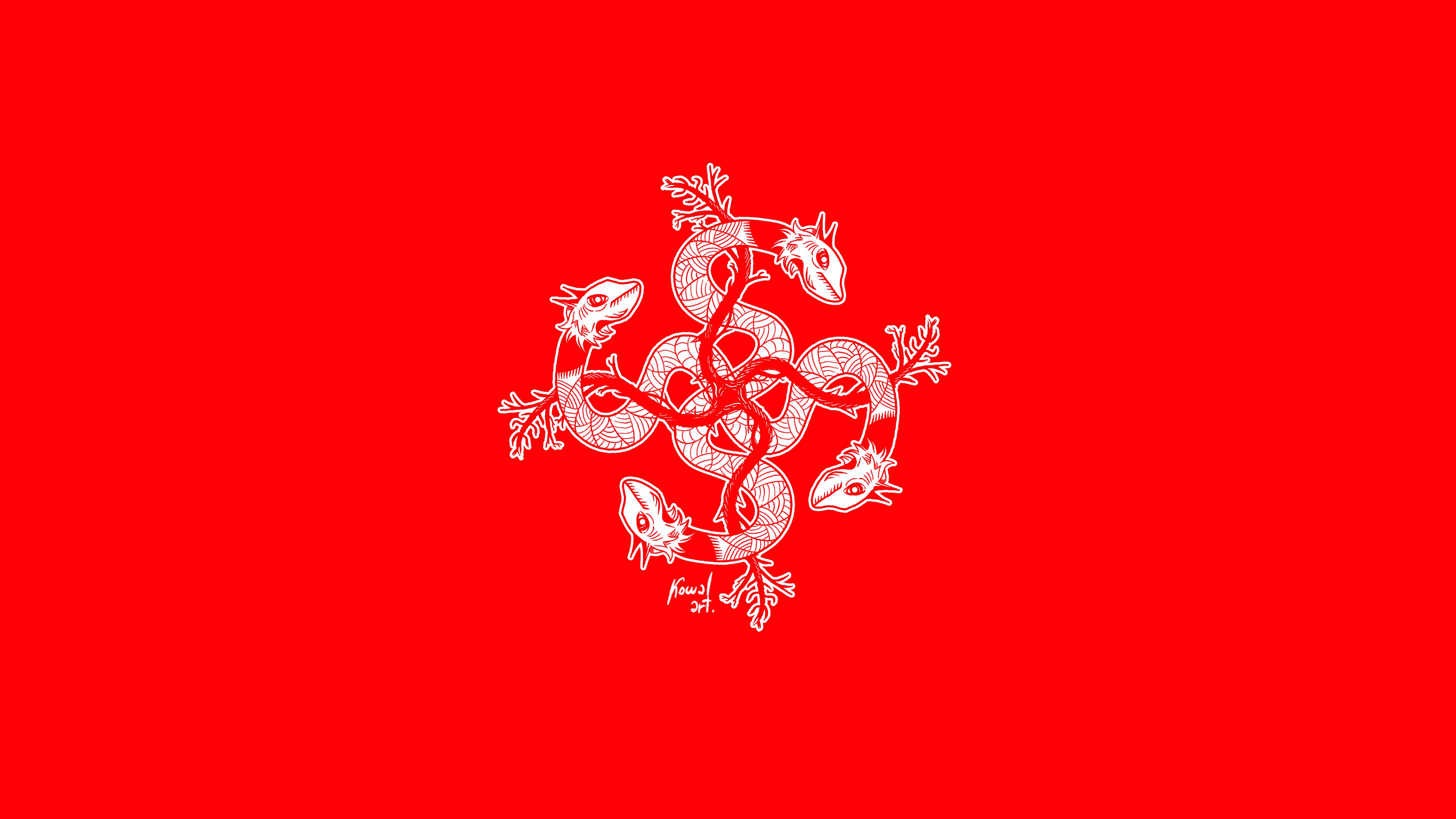 4K illustration of intertwined snakes on red background HD Wallpaper
