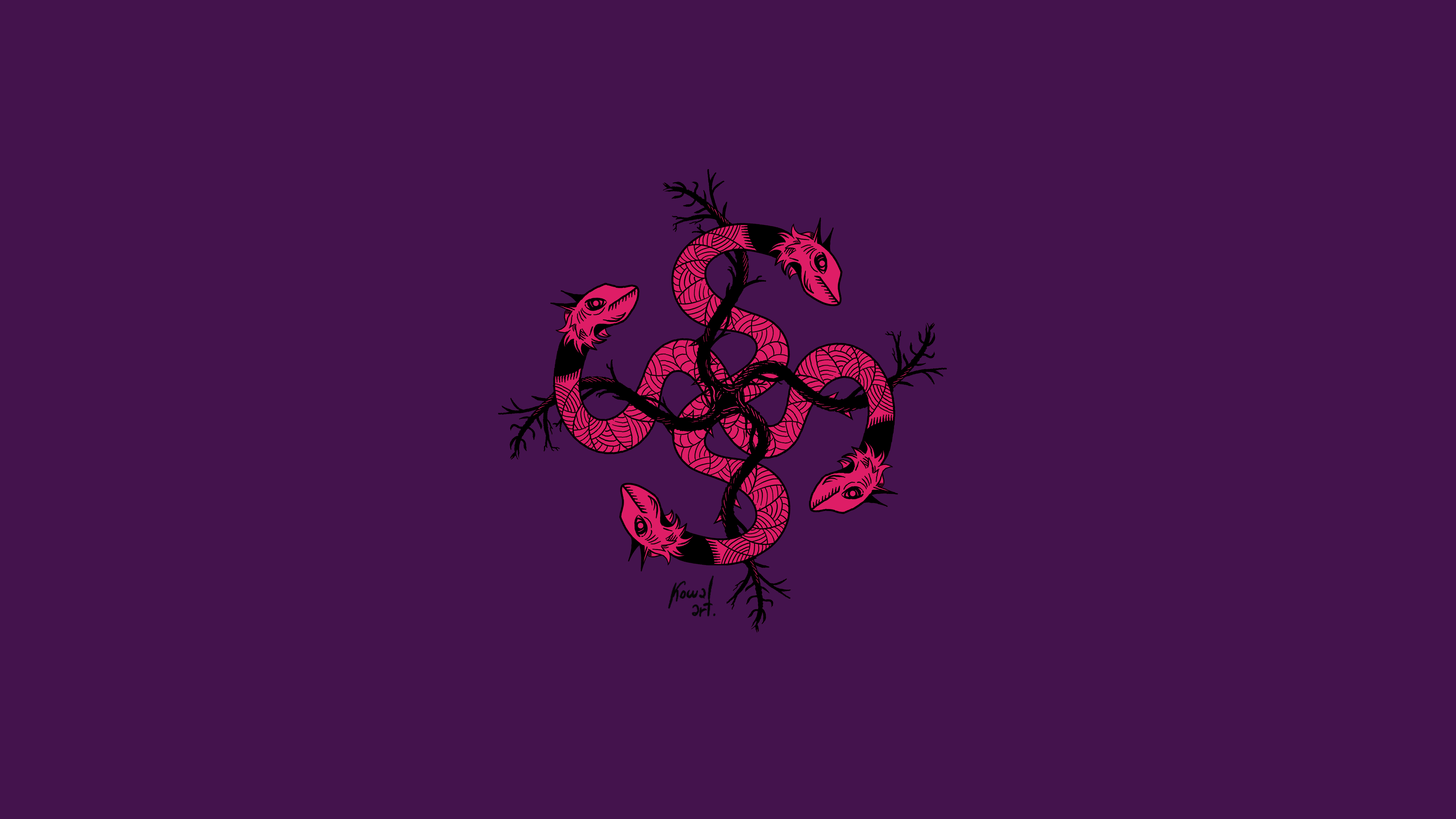 Four snakes intertwined on a purple background HD Wallpaper