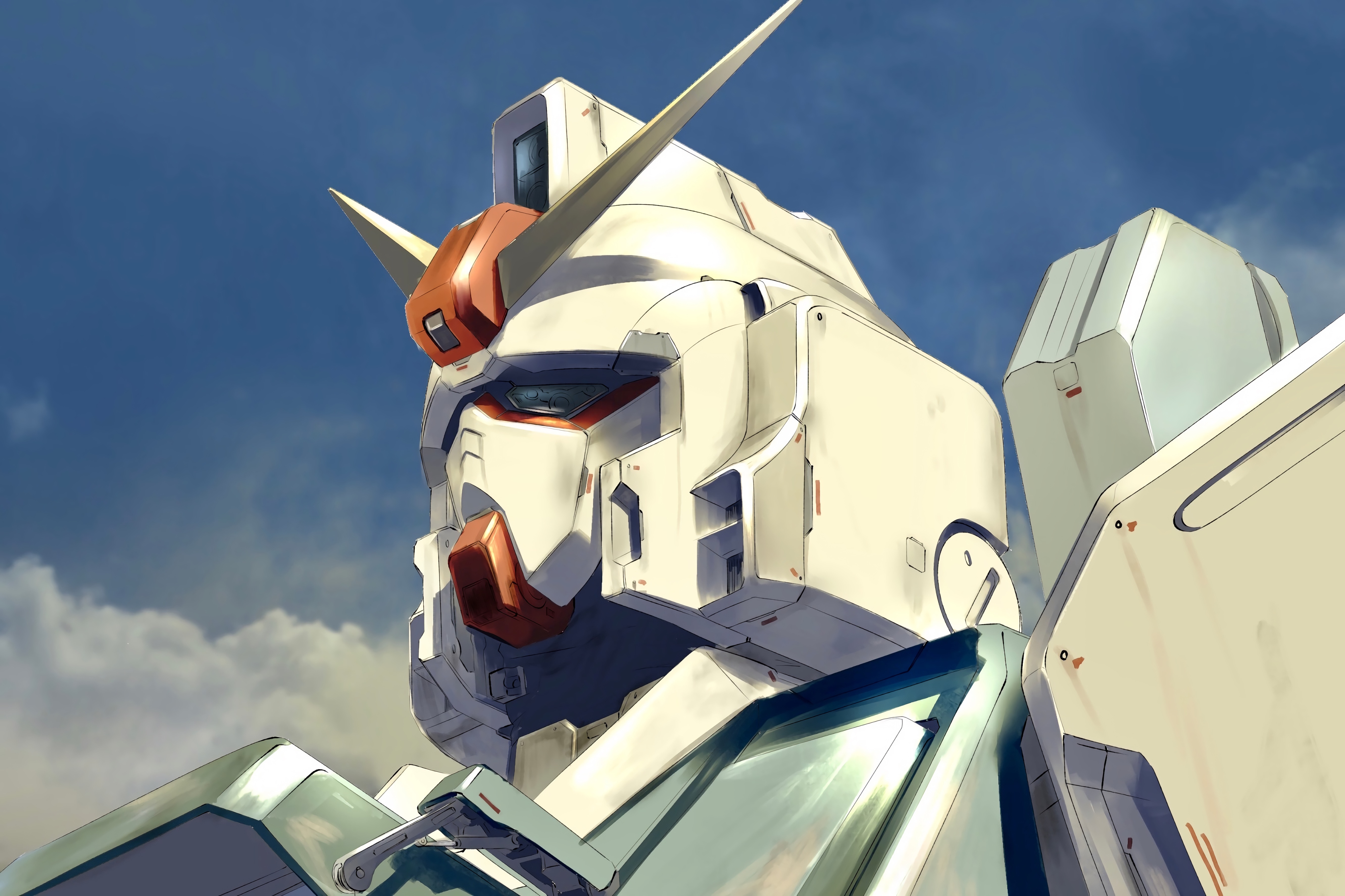 4K Gundam robot against a cloudy blue sky HD Wallpaper