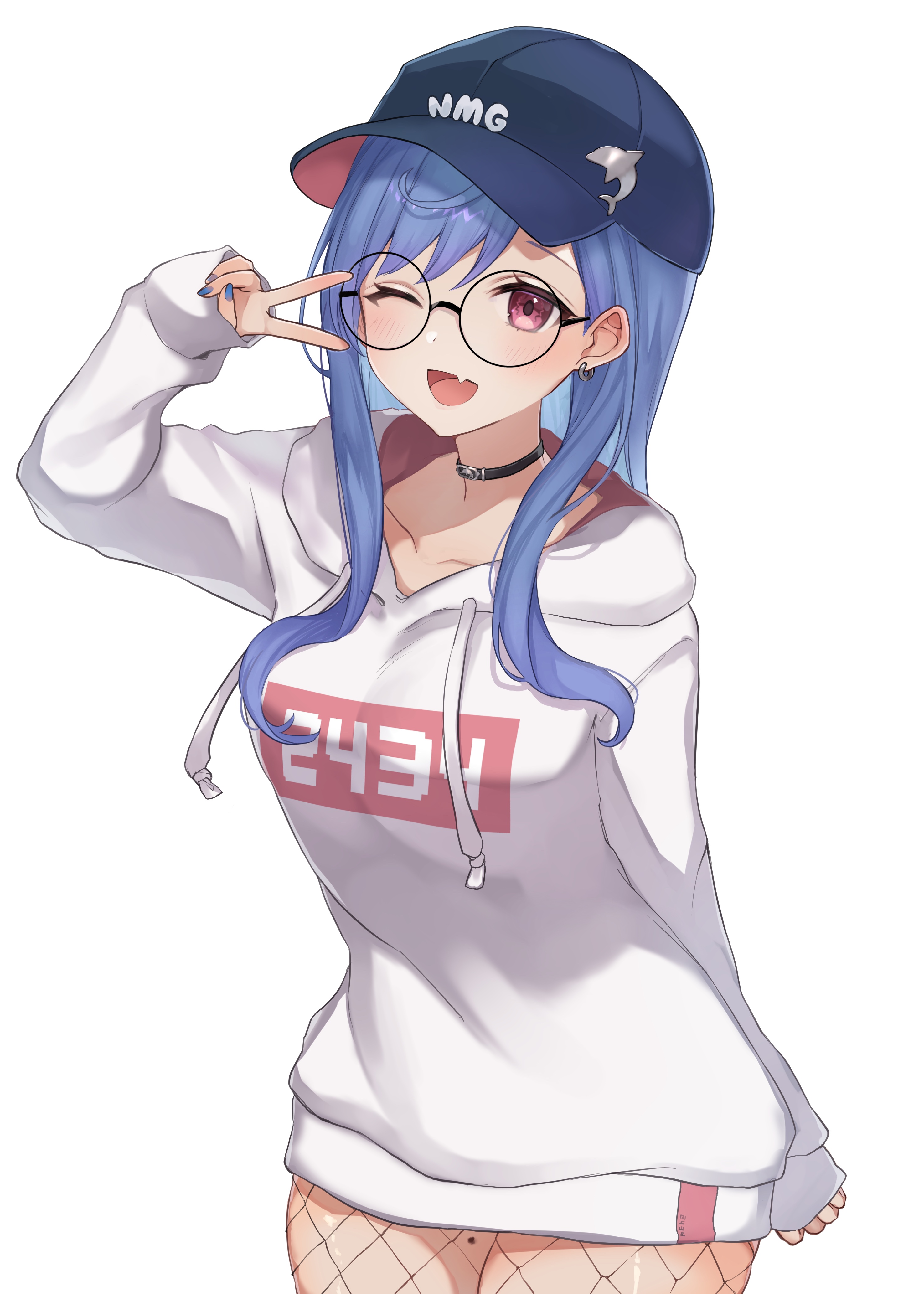 Anime girl with blue hair, glasses, and a hat HD Phone Wallpaper