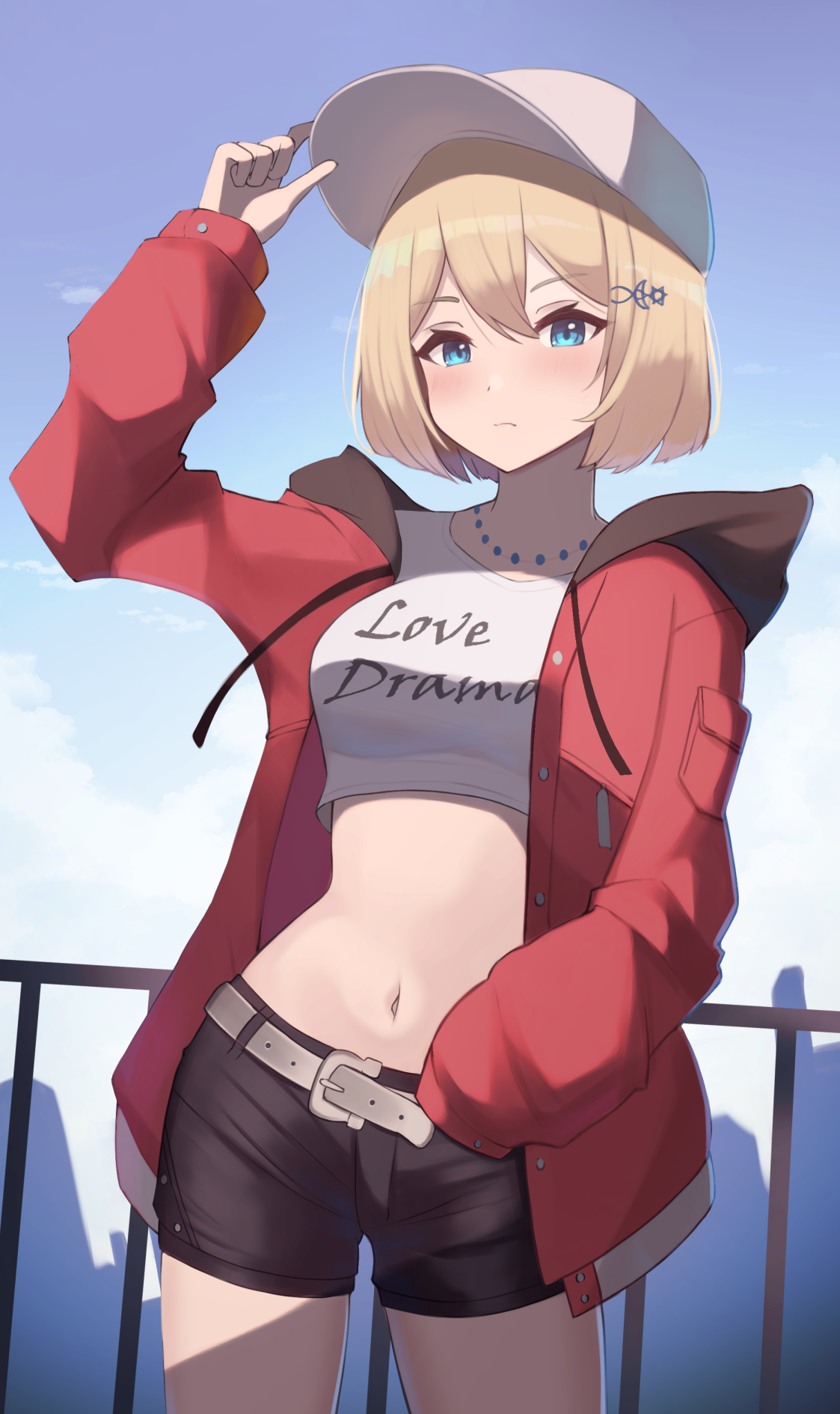 Anime girl in red jacket and shorts holding hat HD Phone Wallpaper