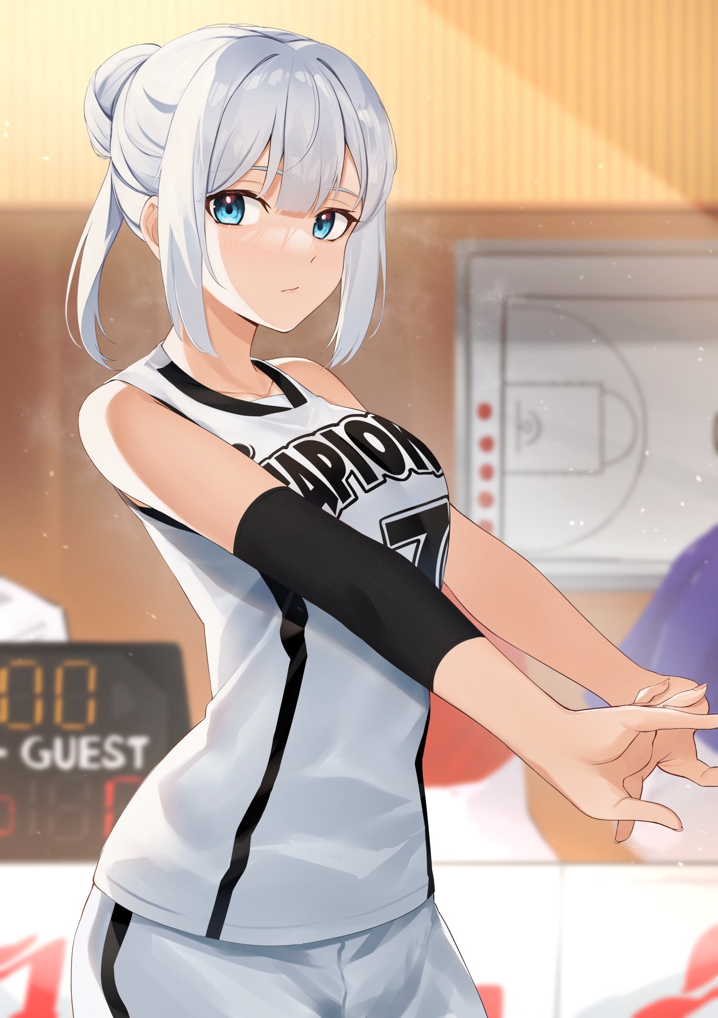 Anime girl in basketball uniform on court HD Phone Wallpaper