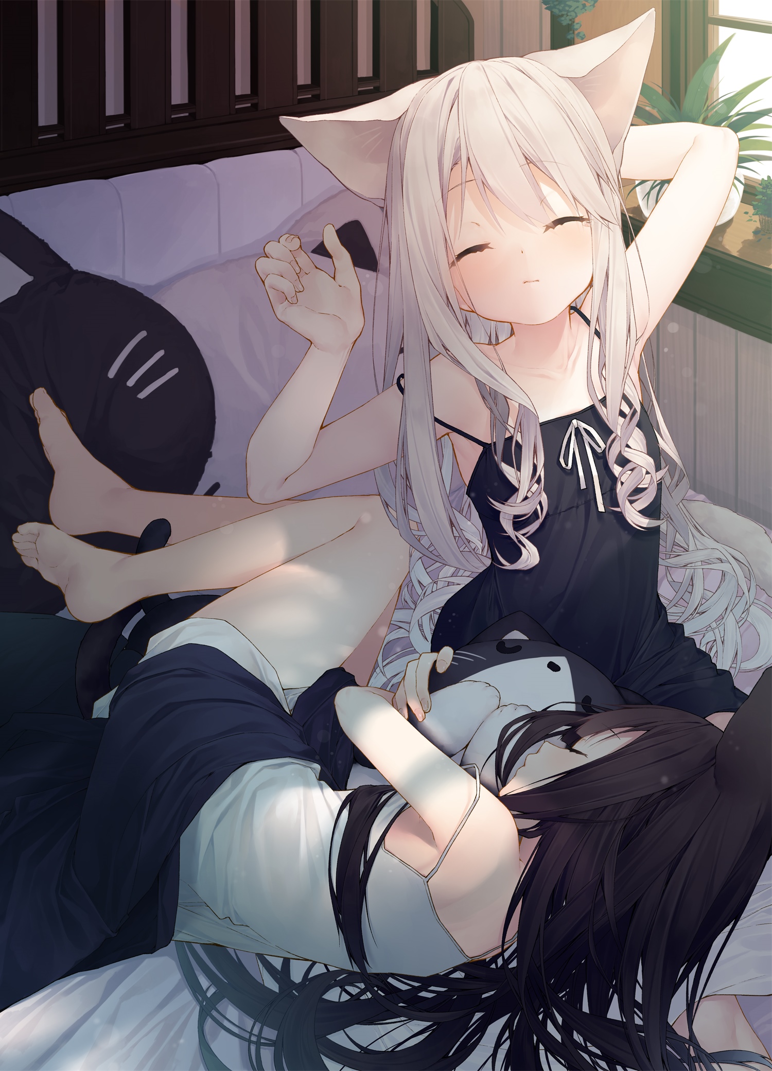 Two anime girls with cat ears relaxing on a bed HD Phone Wallpaper