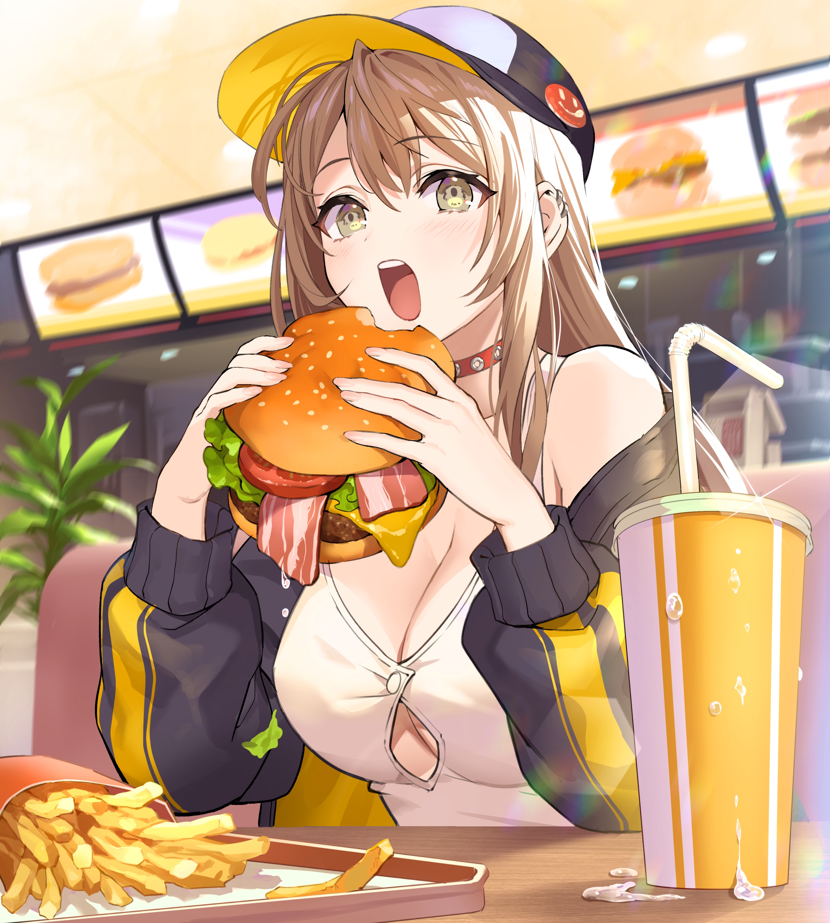 Anime girl eating a burger with fries and a drink HD Phone Wallpaper