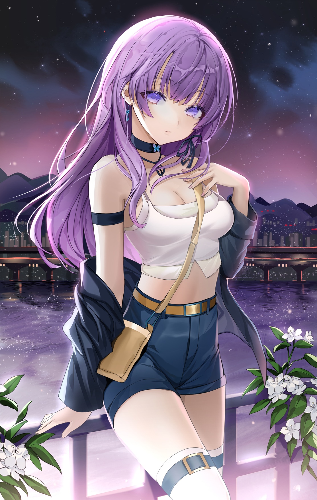 Anime girl with purple hair and eyes at night HD Phone Wallpaper