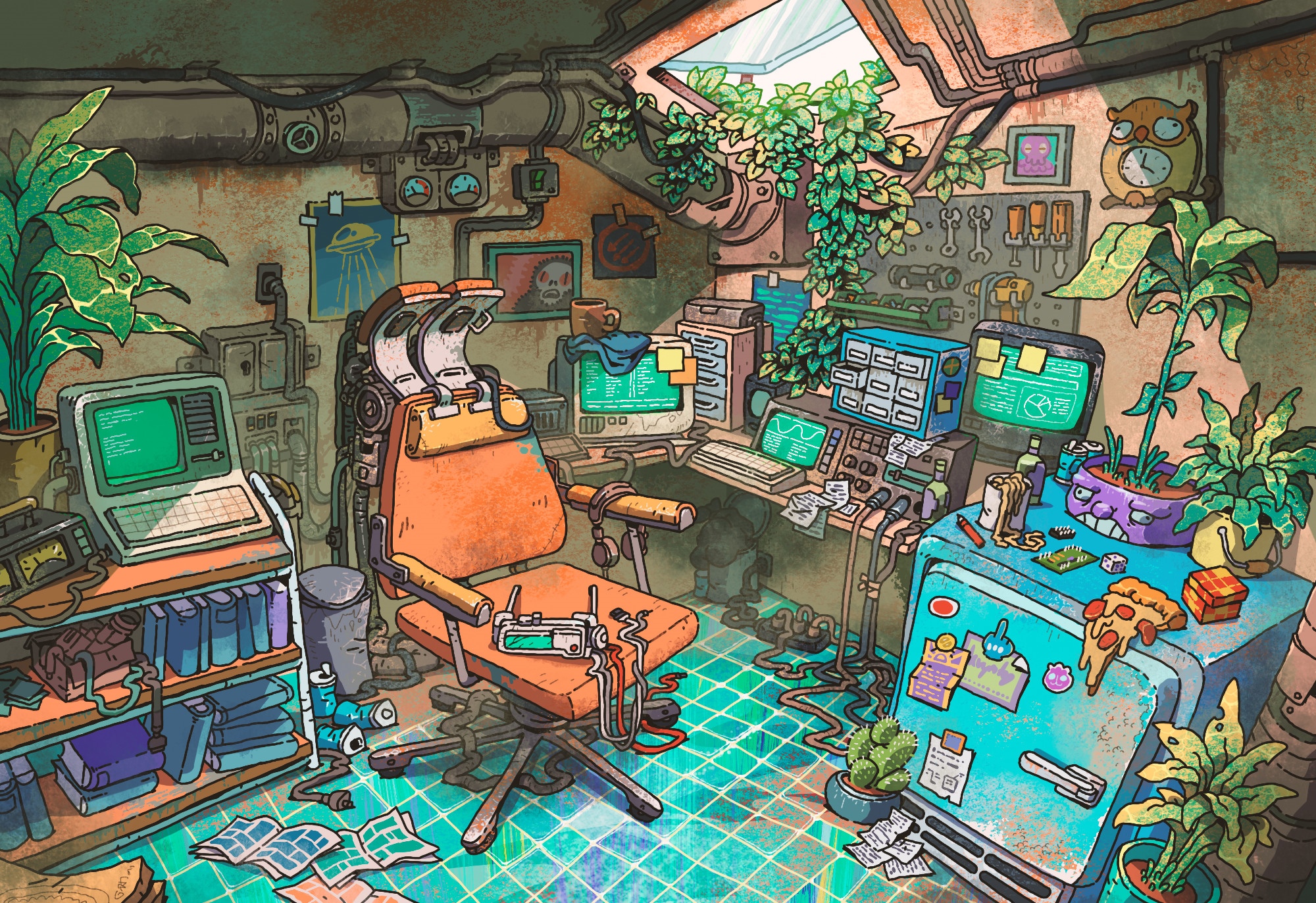 Retro computer room with plants and a fridge HD Wallpaper